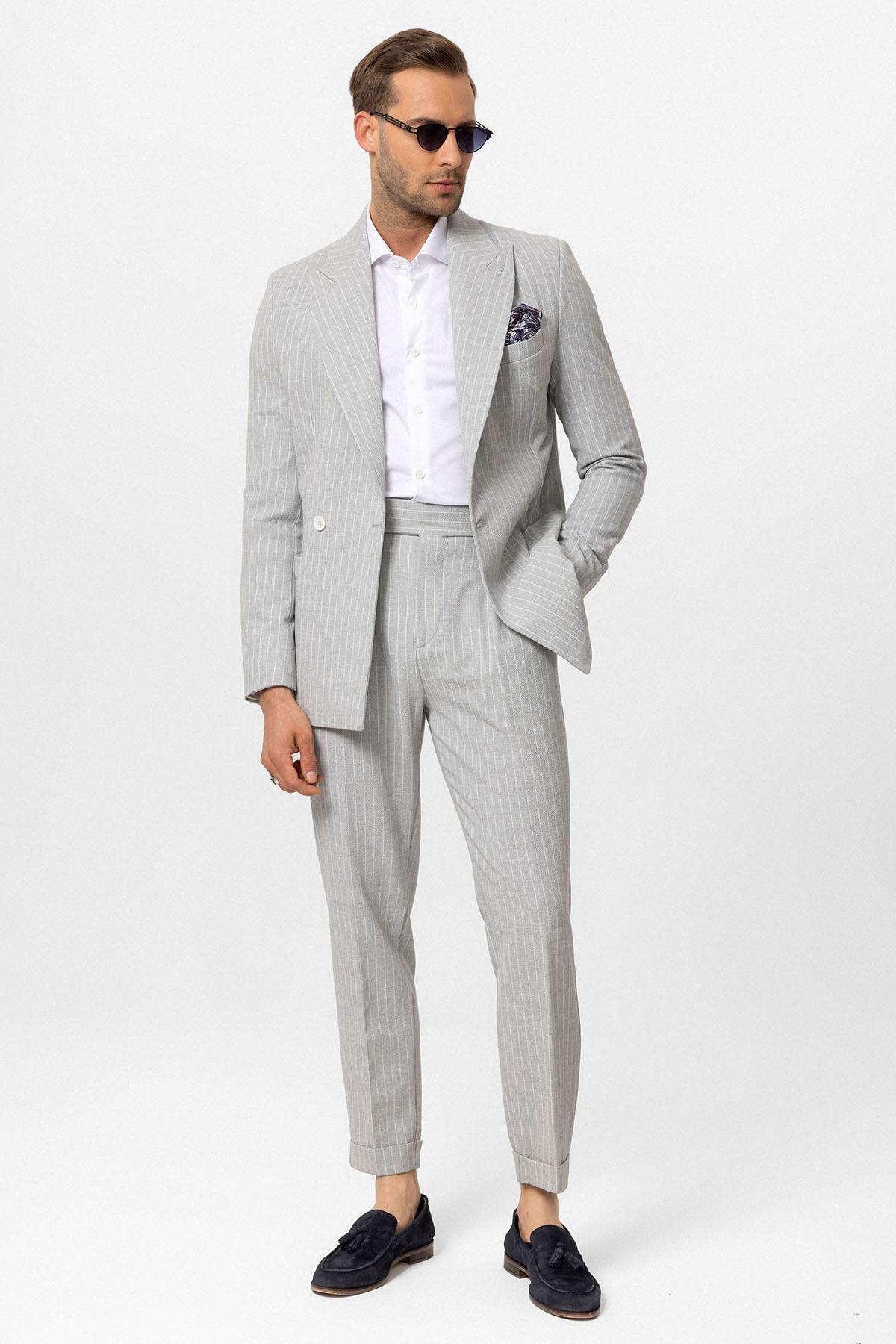 Antioch-Gri Tek Düğme Kruvaze Kapama çizgili Erkek Blazer Ceket-Blazer Ceket-4-Milagron.com