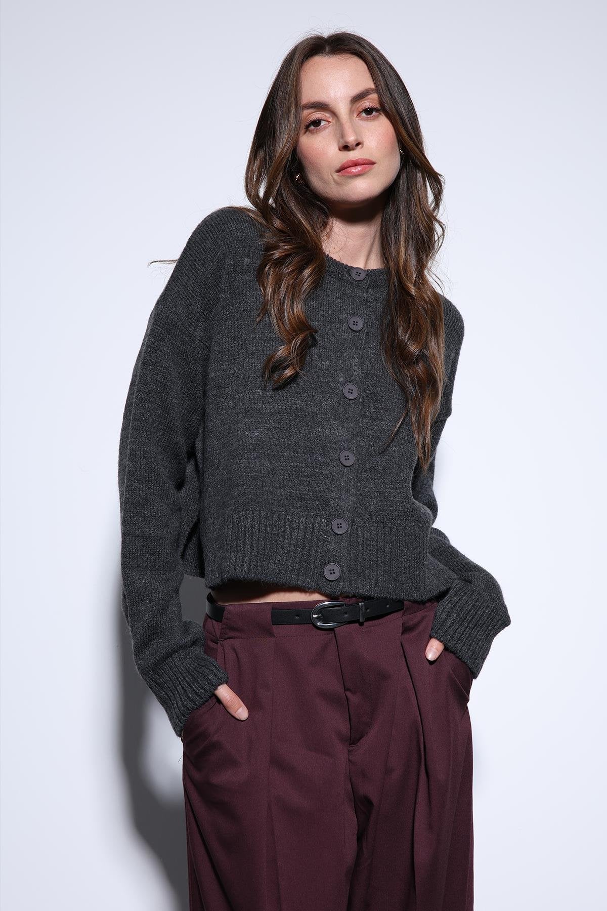 Antioch-Antioch Gri Yırtmaçlı örgü Triko Kadın Kazak-Kazak-1-Milagron.com