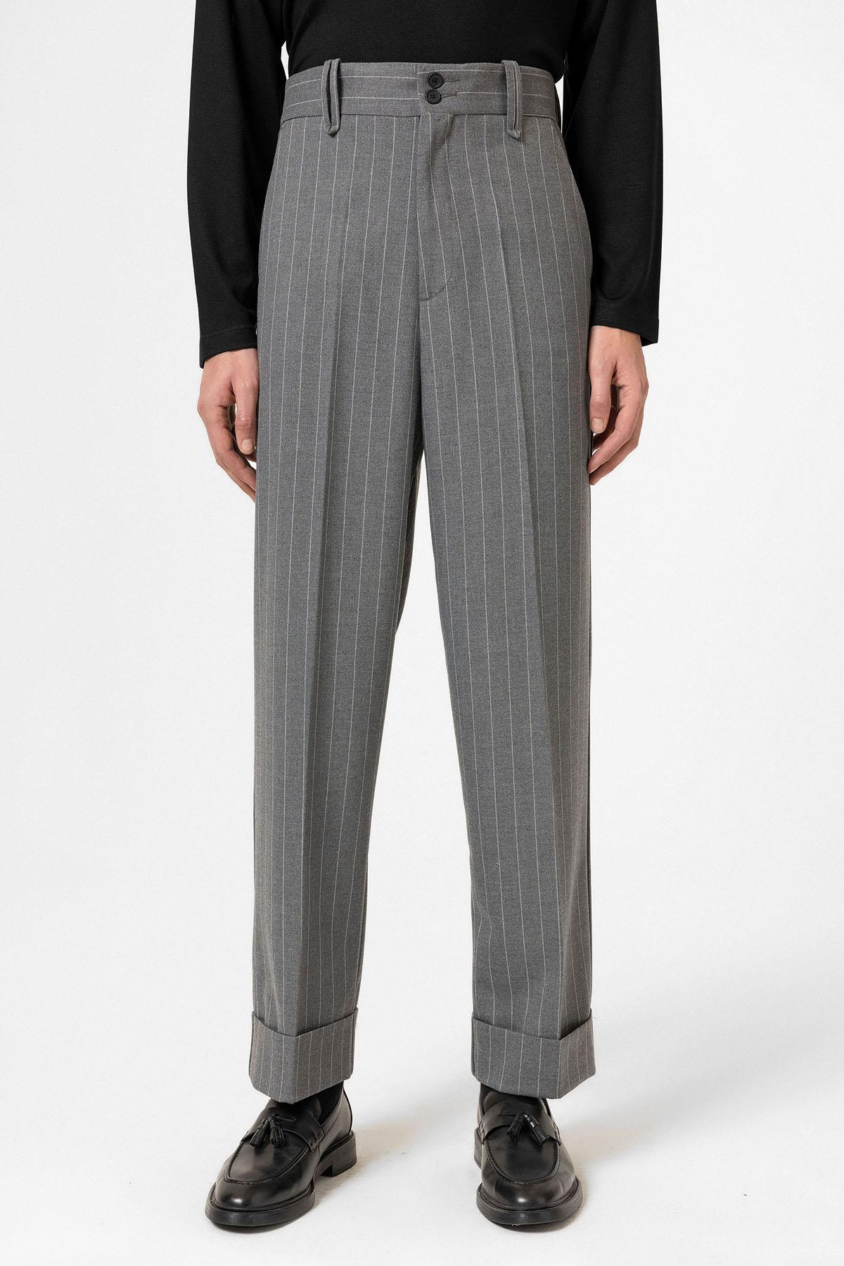 Antioch-Gri Yüksek Bel Çizgili Relaxed Fit Erkek Pantolon-Kumaş Pantolon-1-Milagron.com