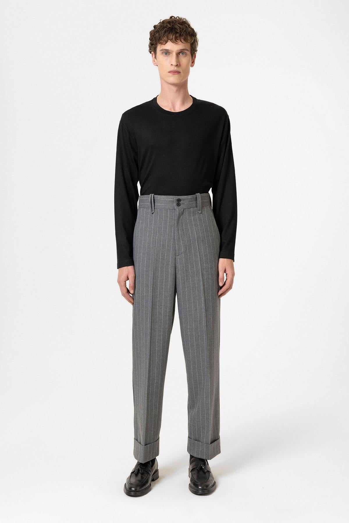 Antioch-Gri Yüksek Bel Çizgili Relaxed Fit Erkek Pantolon-Kumaş Pantolon-4-Milagron.com