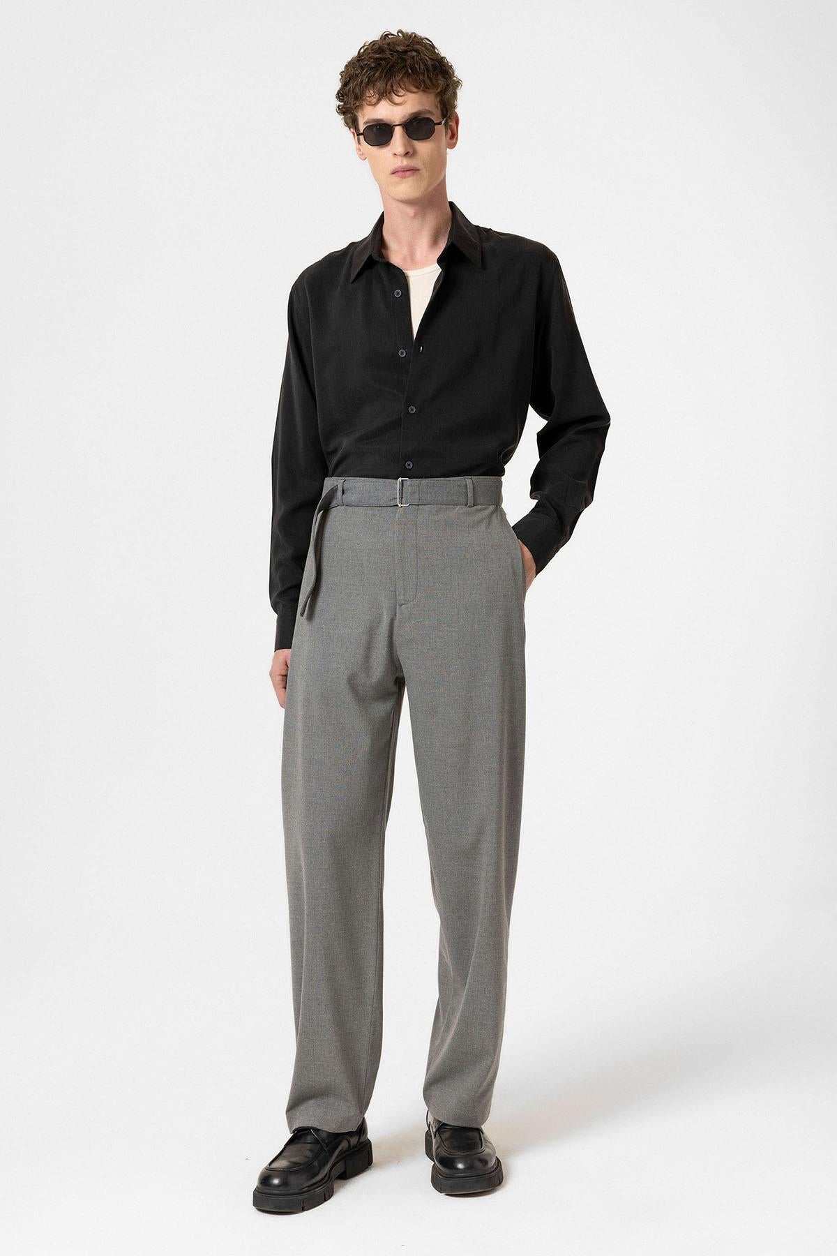 Antioch-Gri Yüksek Bel Kemerli Erkek Pantolon-Kumaş Pantolon-2-Milagron.com