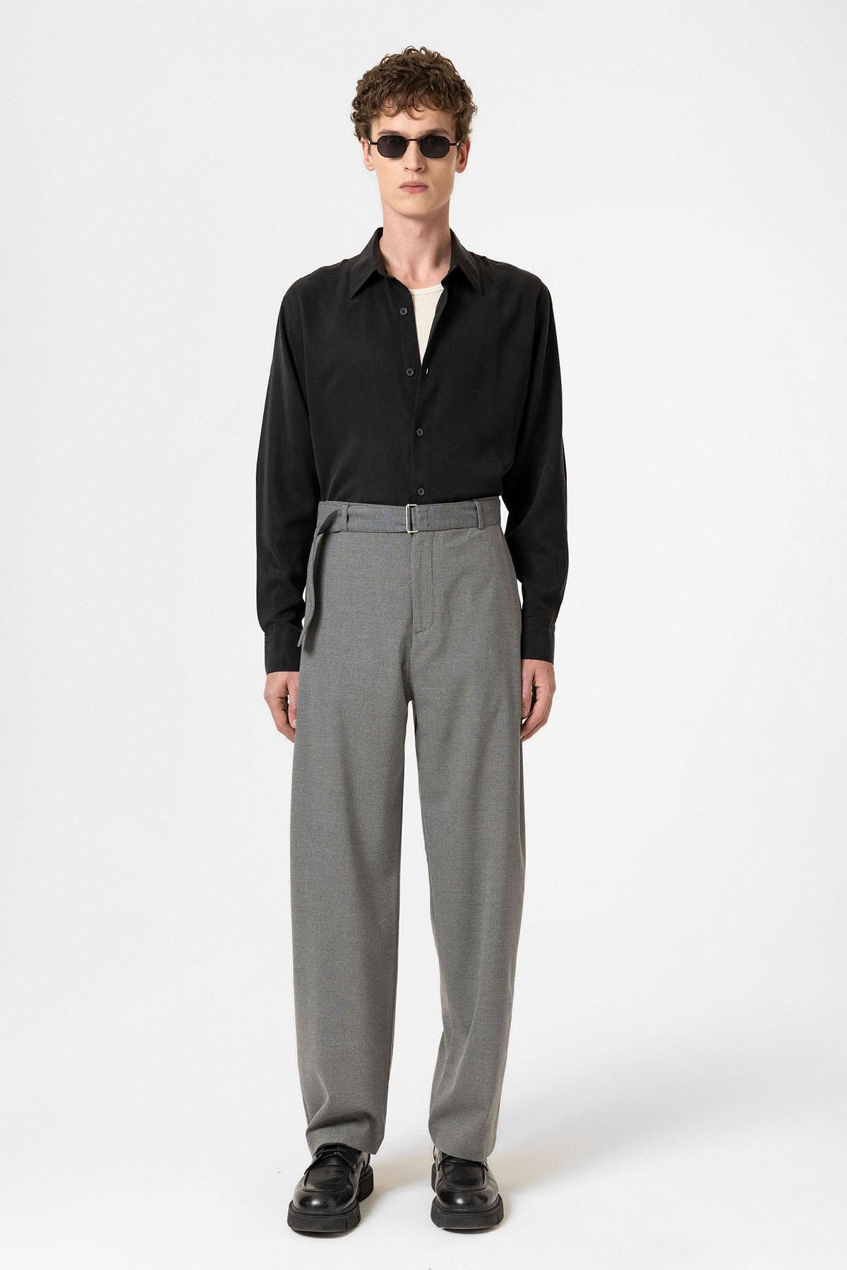Antioch-Gri Yüksek Bel Kemerli Erkek Pantolon-Kumaş Pantolon-4-Milagron.com