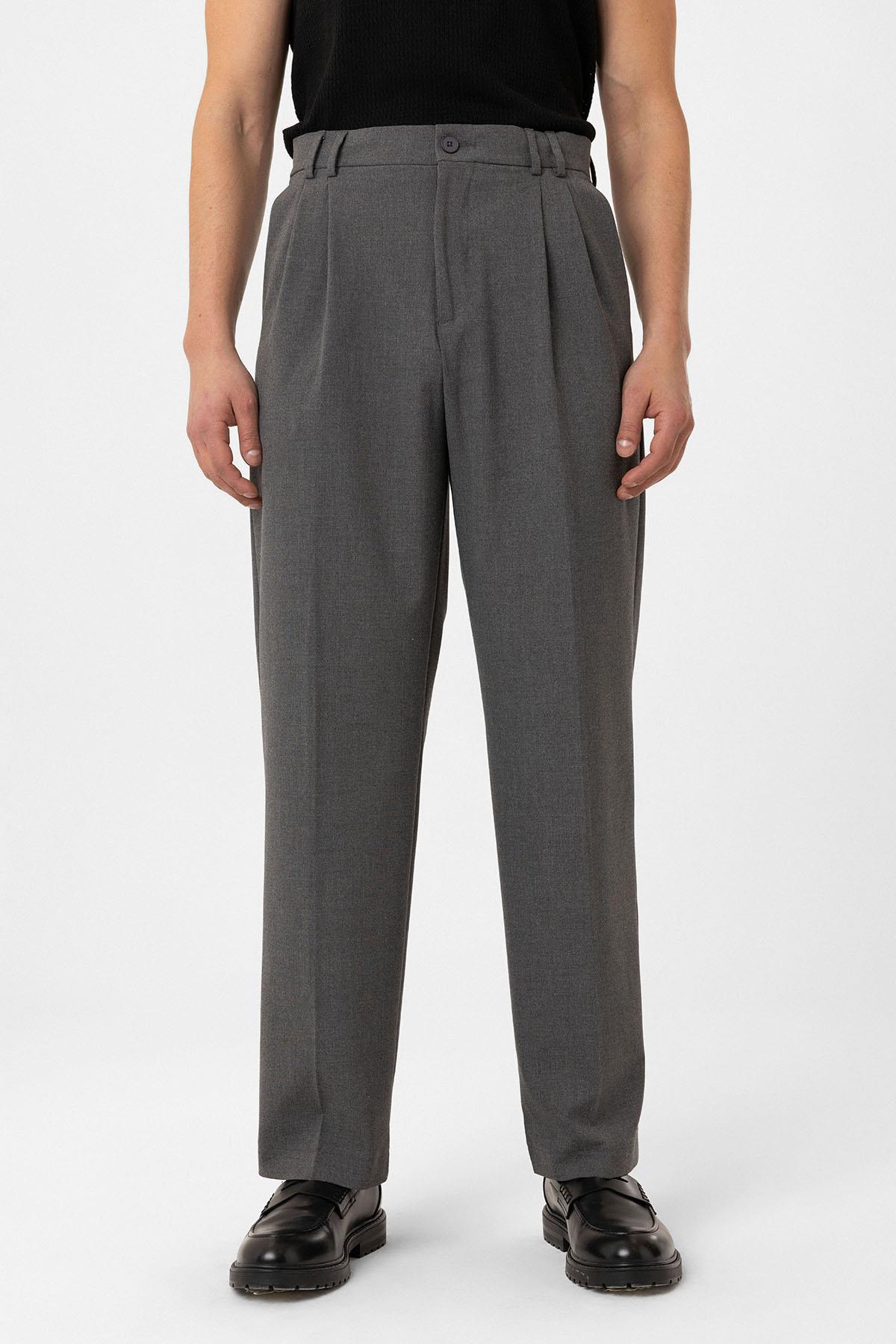 Antioch-Gri çift Pileli Baggy Fit Erkek Pantolon-Kumaş Pantolon-1-Milagron.com