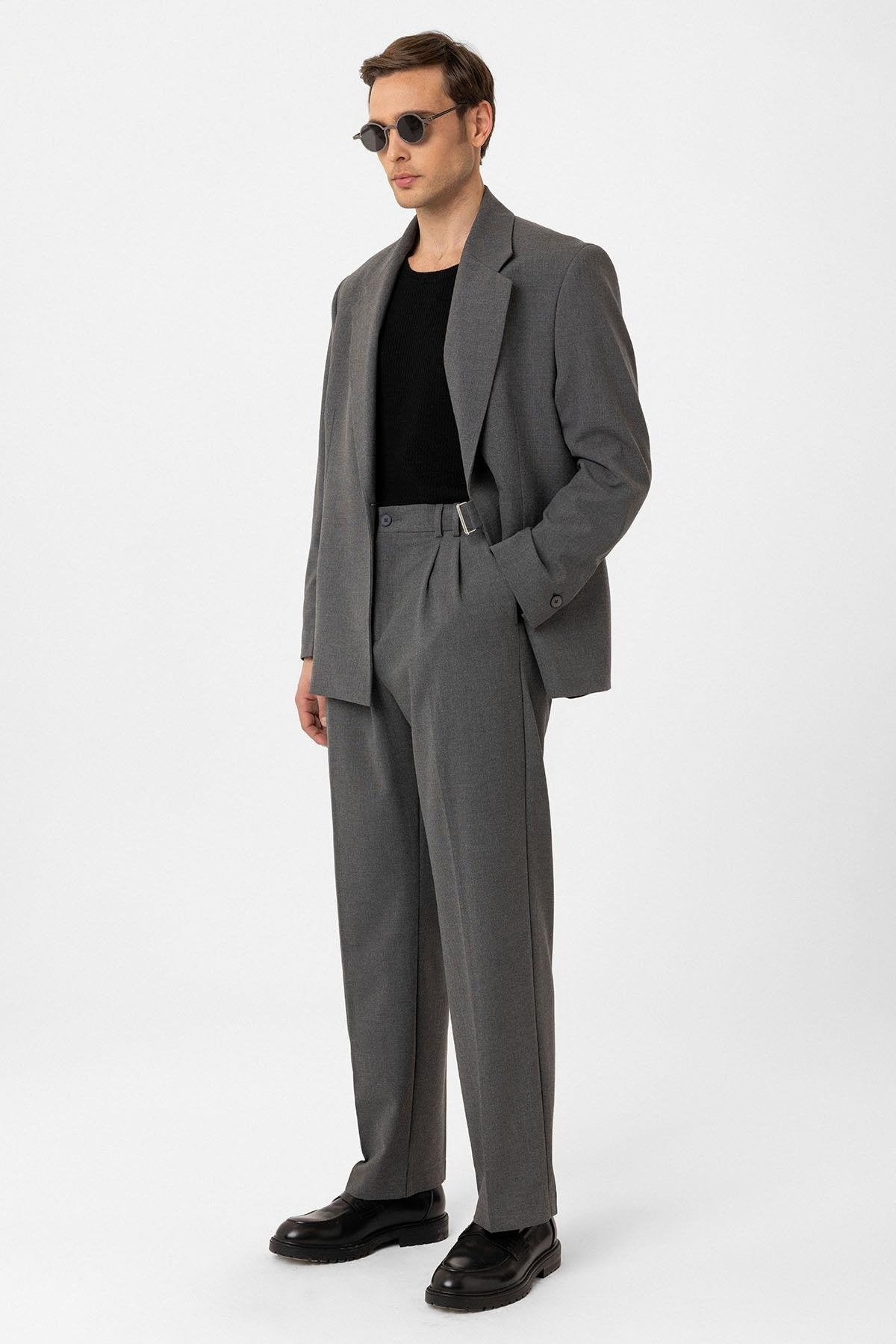 Antioch-Gri çift Pileli Baggy Fit Erkek Pantolon-Kumaş Pantolon-2-Milagron.com