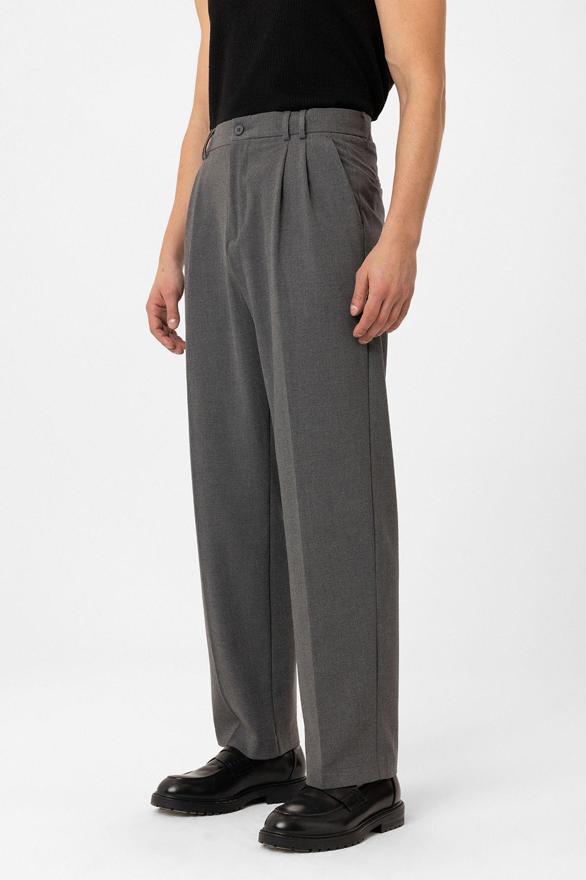 Antioch-Gri çift Pileli Baggy Fit Erkek Pantolon-Kumaş Pantolon-3-Milagron.com