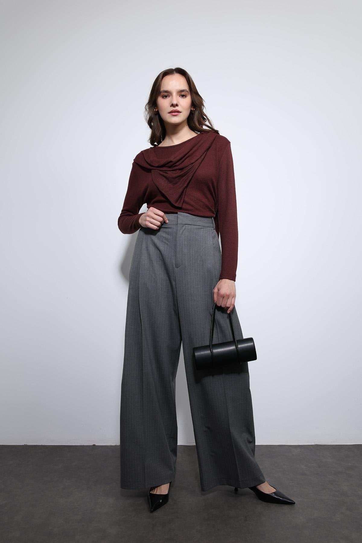 Antioch-Gri çizgili Geniş Paça Pantolon-Kumaş Pantolon-1-Milagron.com