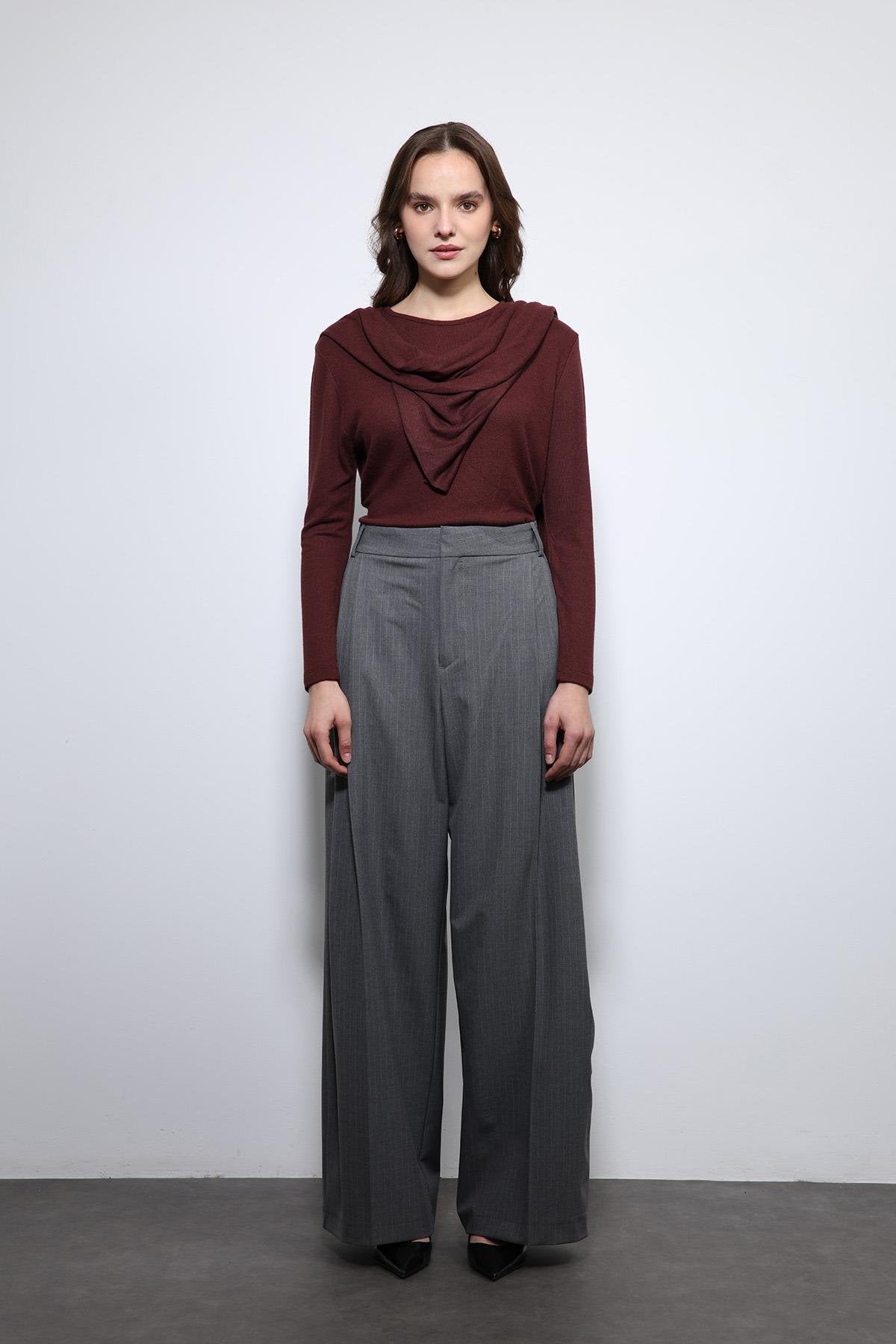 Antioch-Gri çizgili Geniş Paça Pantolon-Kumaş Pantolon-3-Milagron.com