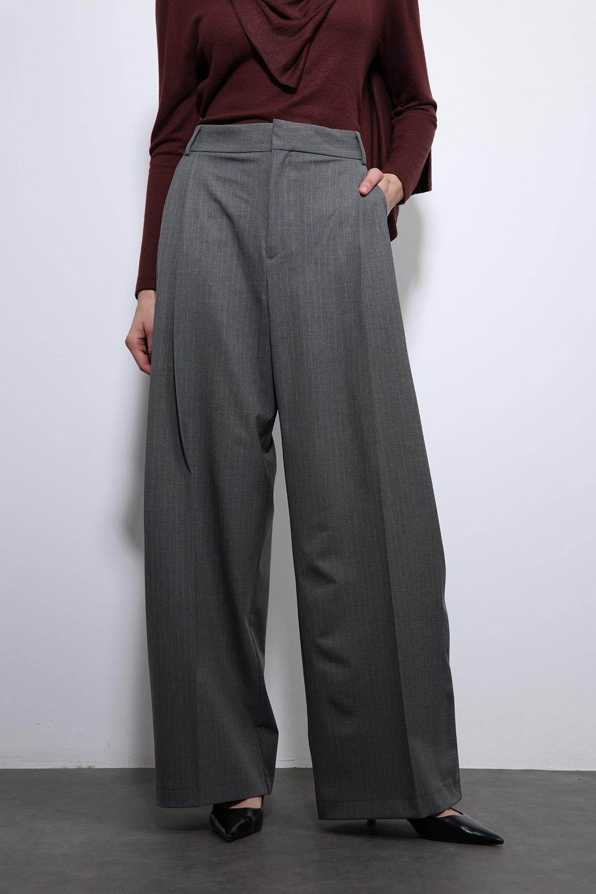 Antioch-Gri çizgili Geniş Paça Pantolon-Kumaş Pantolon-4-Milagron.com