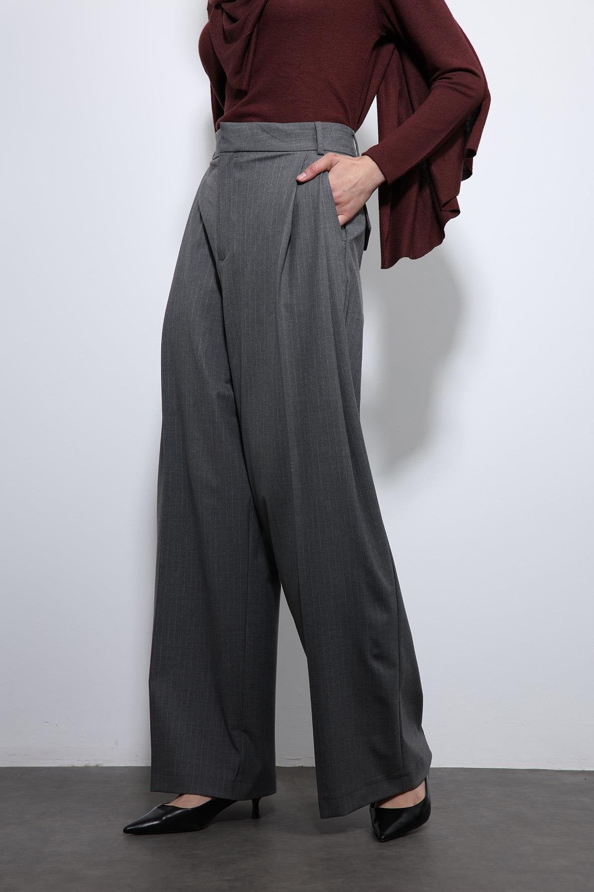 Antioch-Gri çizgili Geniş Paça Pantolon-Kumaş Pantolon-5-Milagron.com