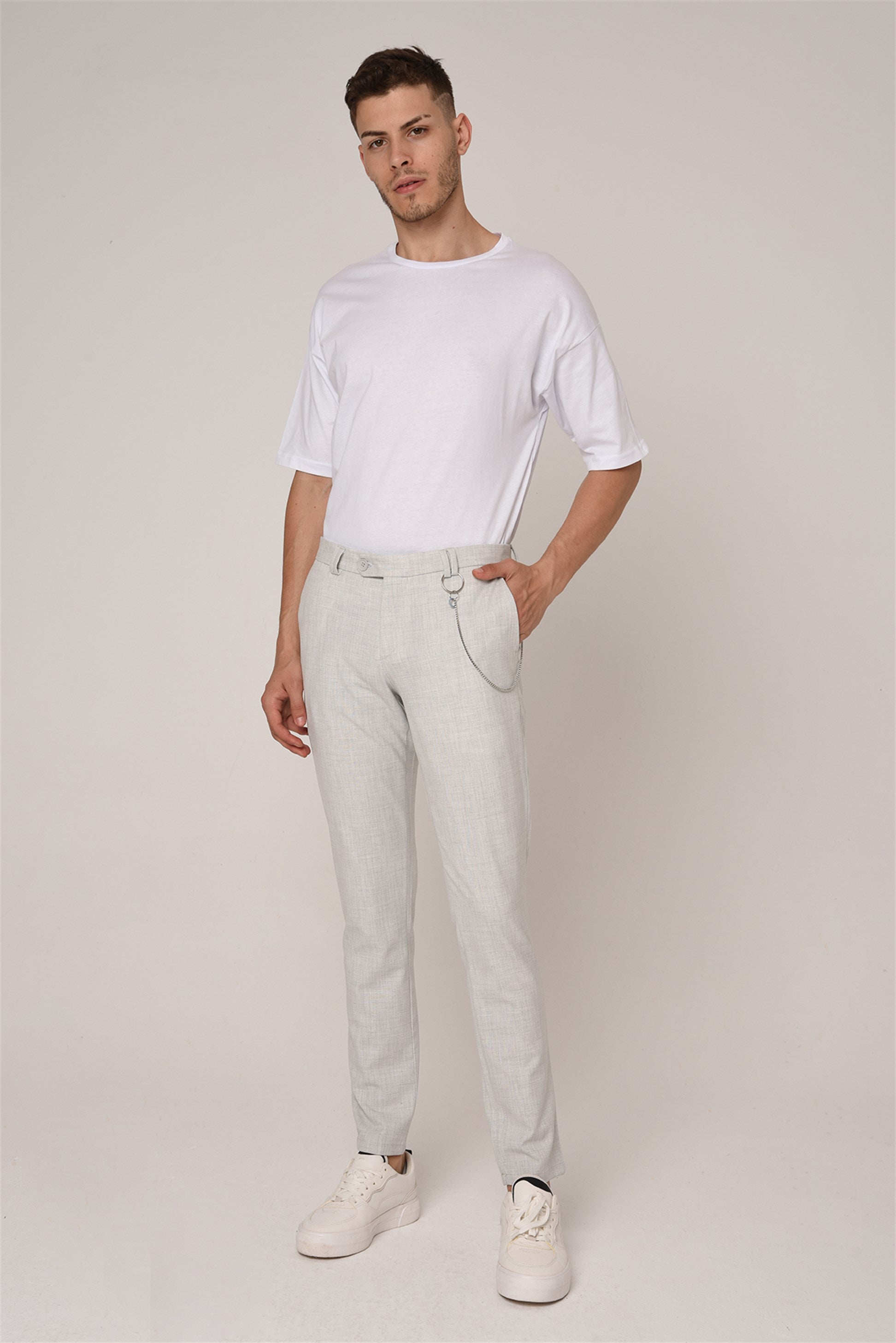 Antioch-Gümüş Gri Erkek Slim Fit Düz Aksesuarlı Kumaş Pantolon-Kumaş Pantolon-1-Milagron.com