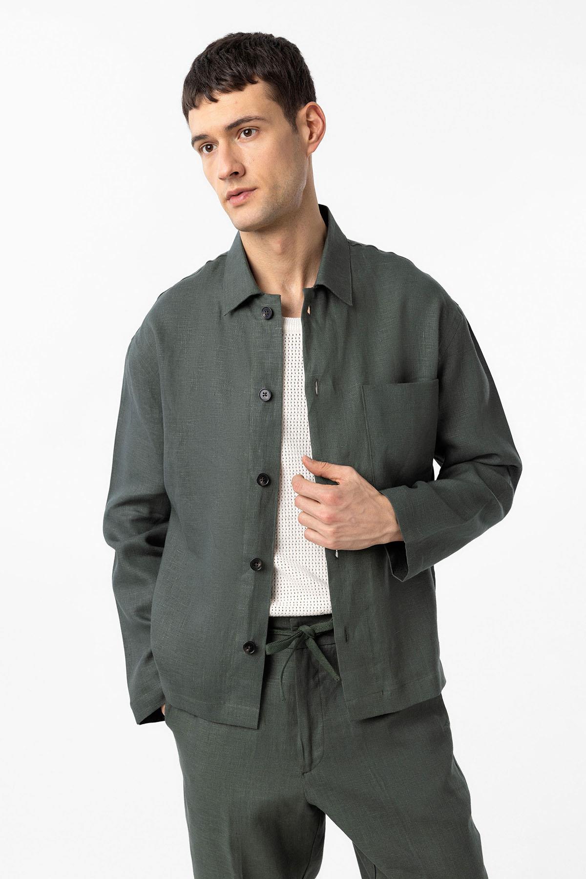 Antioch-Haki 100% Keten Relax Fit Erkek İnce Ceket-Ceket-2-Milagron.com