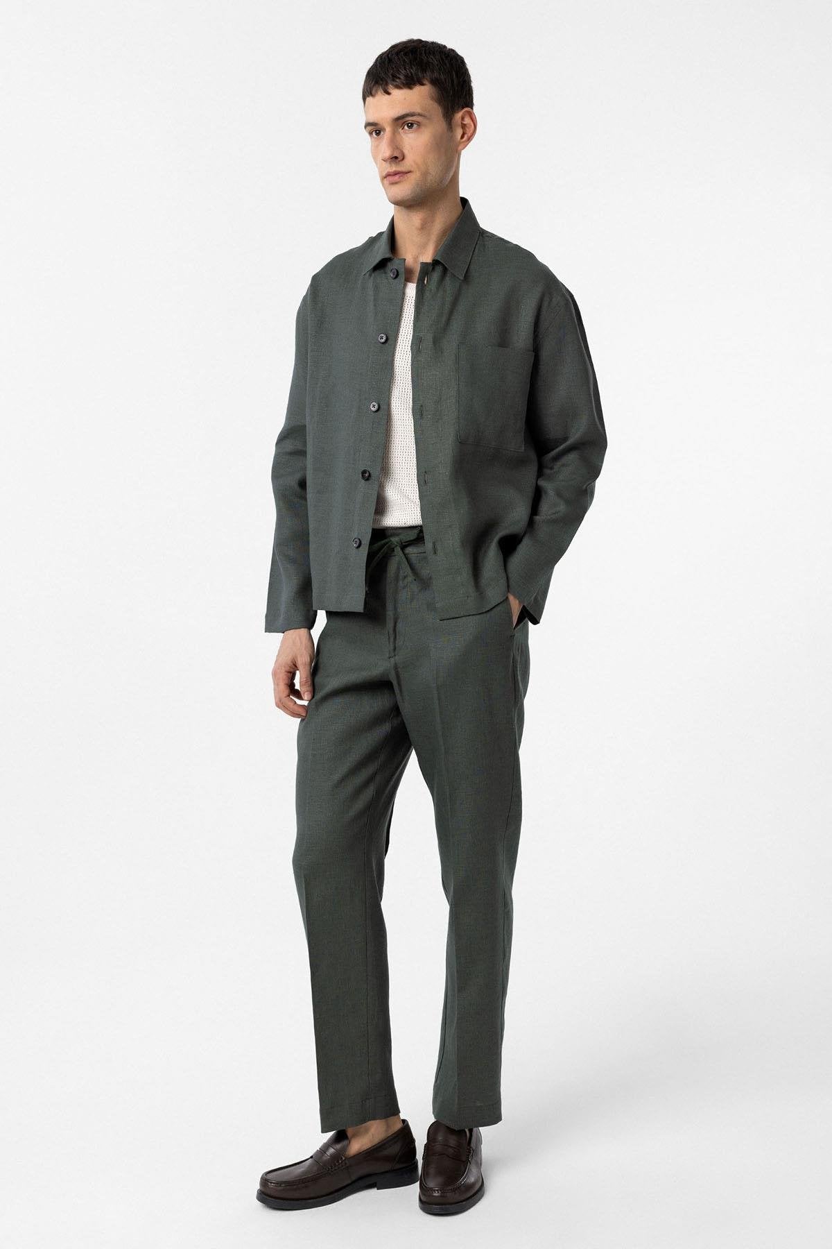 Antioch-Haki 100% Keten Relax Fit Erkek İnce Ceket-Ceket-3-Milagron.com