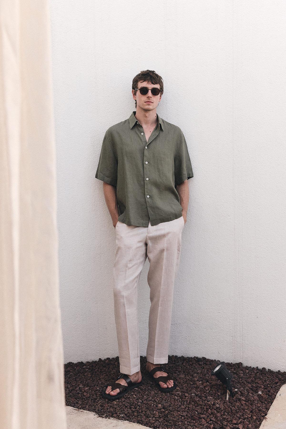 Antioch-Haki 100% Keten Relaxed Erkek Gömlek-Gömlek-1-Milagron.com