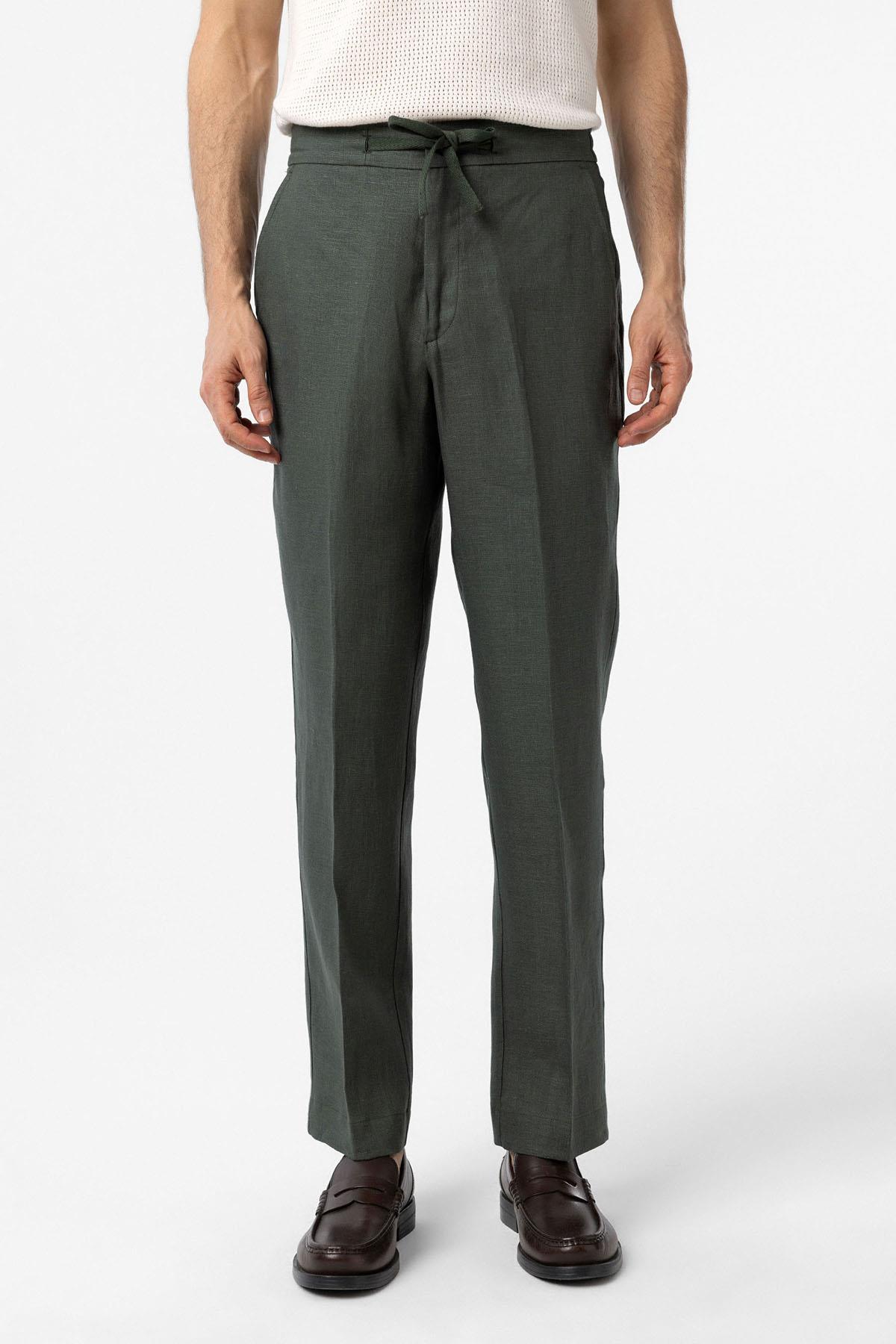 Antioch-Haki 100% Keten Yüksek Bel Erkek Pantolon-Kumaş Pantolon-1-Milagron.com