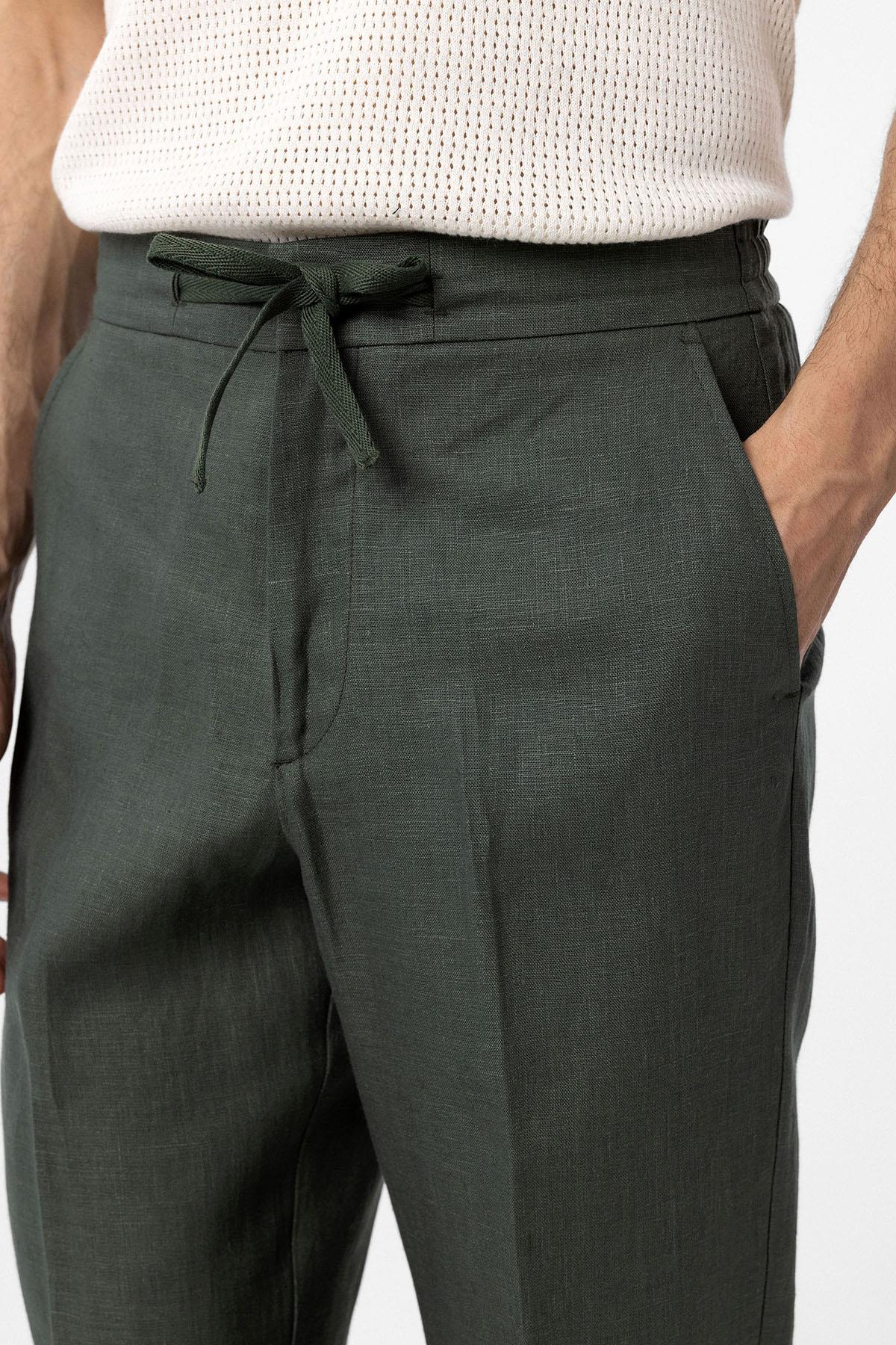 Antioch-Haki 100% Keten Yüksek Bel Erkek Pantolon-Kumaş Pantolon-3-Milagron.com