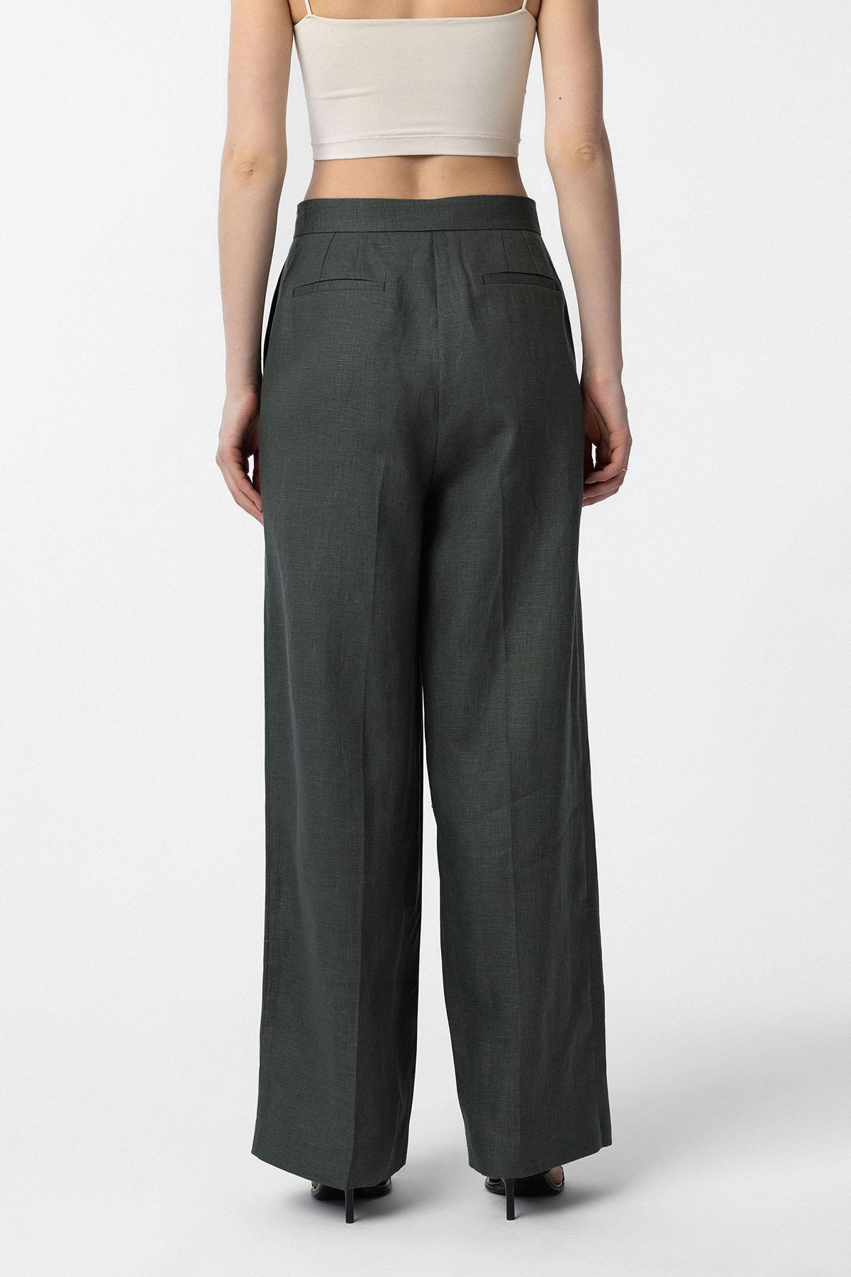 Antioch-Haki 100% Keten Yüksek Bel Pilili Kadın Pantolon-Kumaş Pantolon-4-Milagron.com
