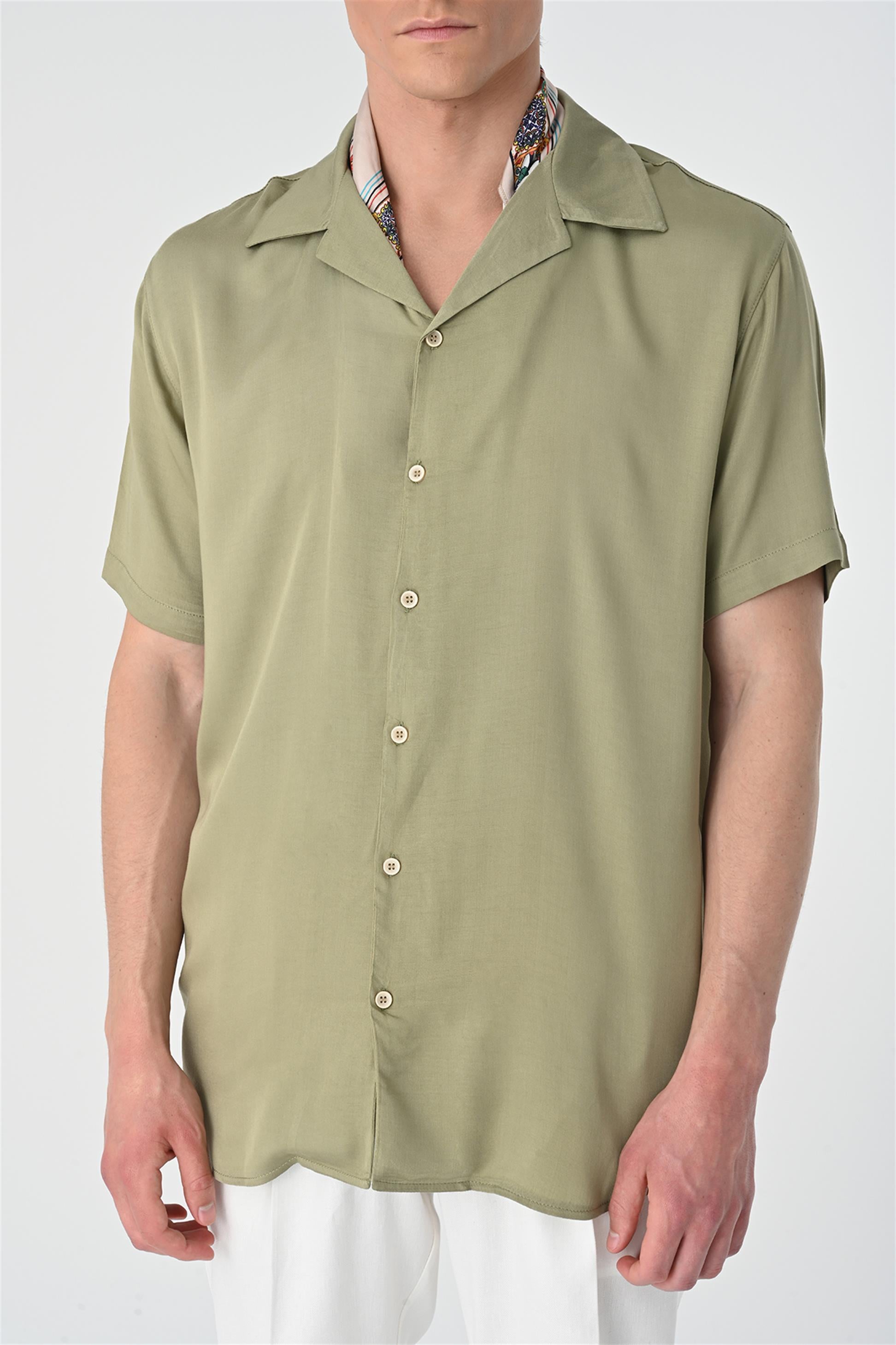 Antioch-Haki Apaş Yaka Oversize Kısa Kollu Erkek Gömlek-Gömlek-2-Milagron.com