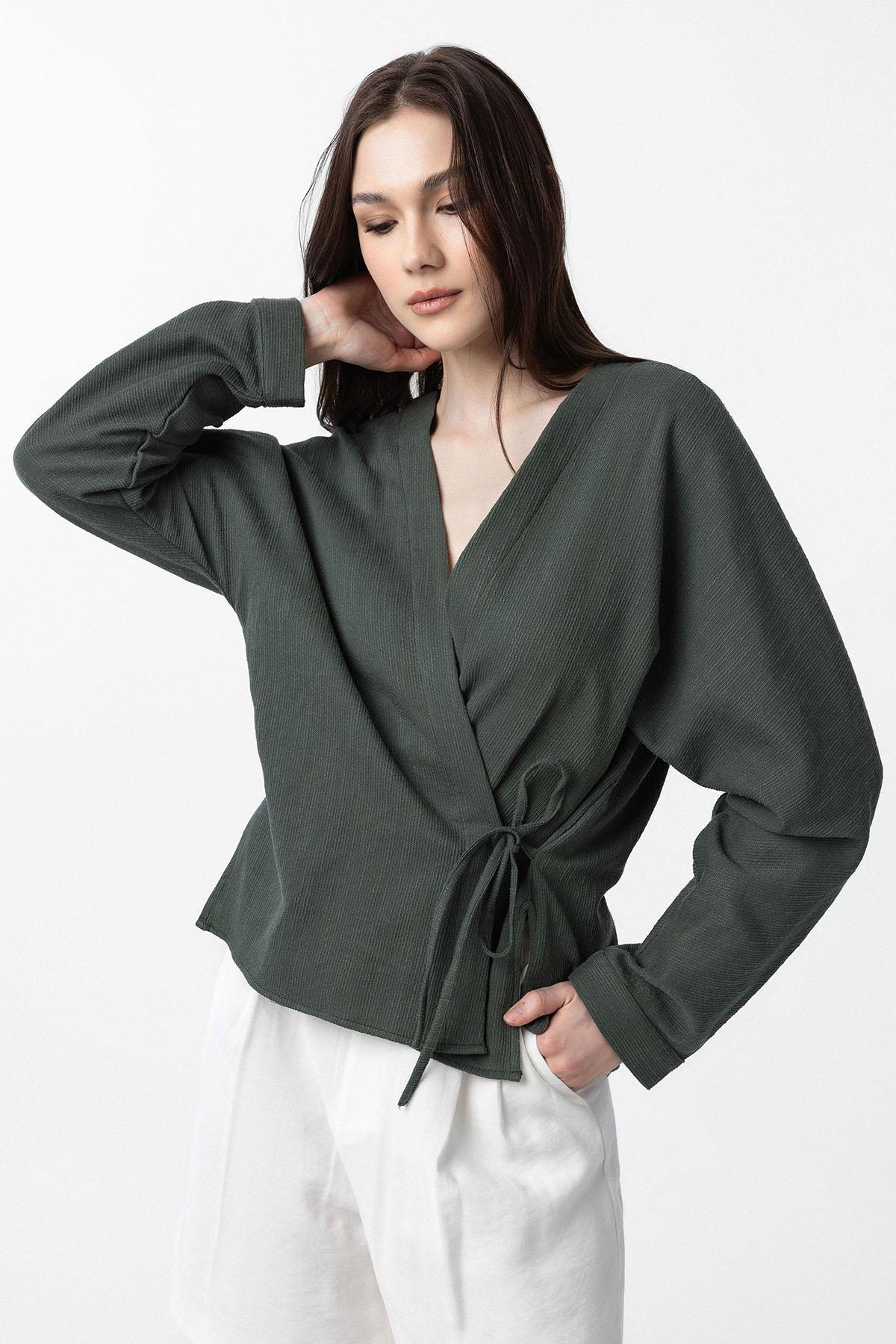 Antioch-Haki Bağlamalı Kimono Kadın Gömlek-Gömlek-1-Milagron.com