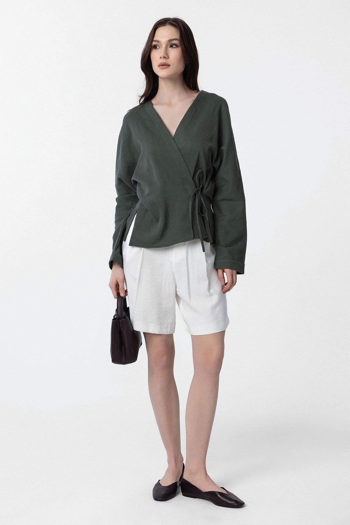 Antioch-Haki Bağlamalı Kimono Kadın Gömlek-Gömlek-2-Milagron.com