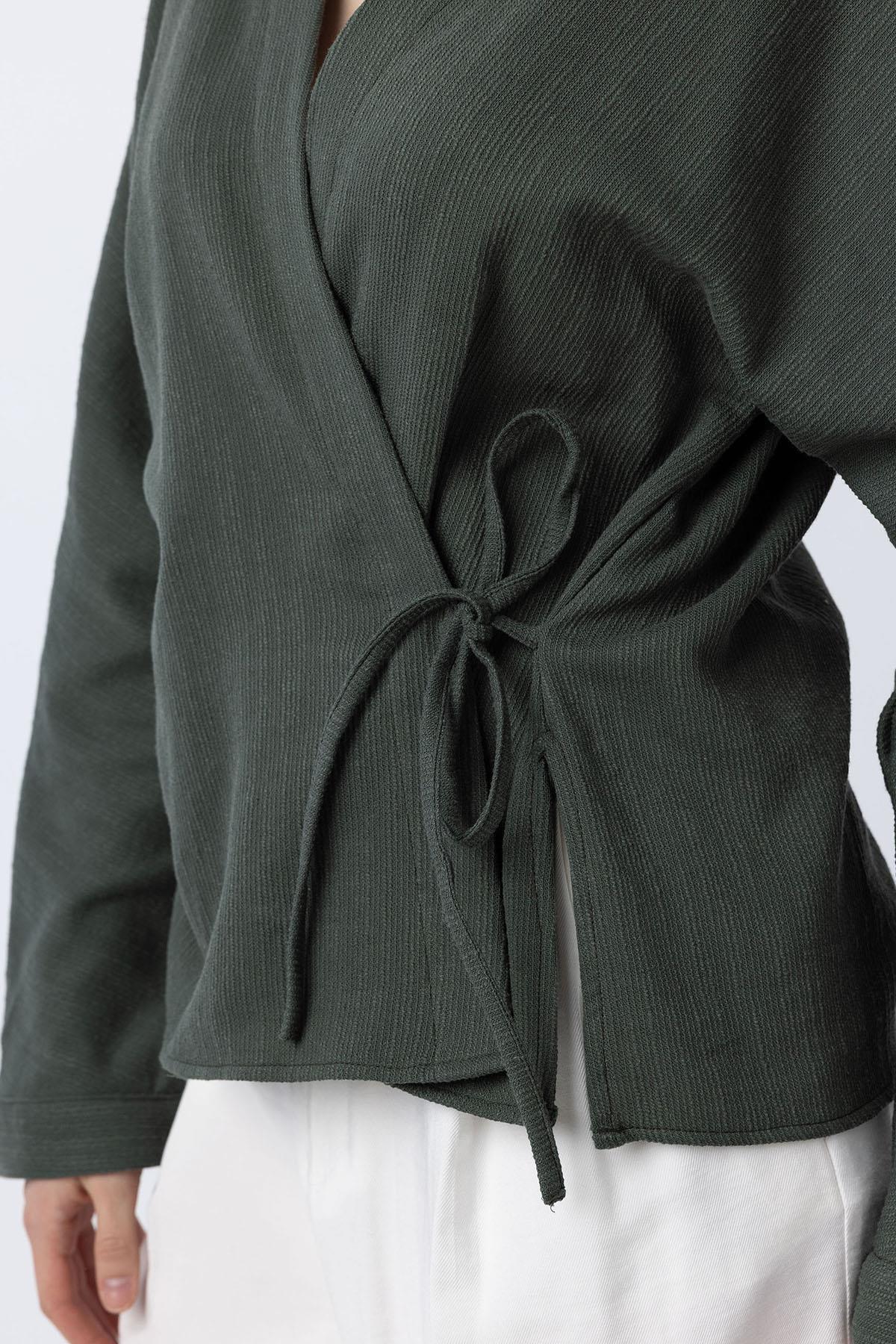 Antioch-Haki Bağlamalı Kimono Kadın Gömlek-Gömlek-3-Milagron.com