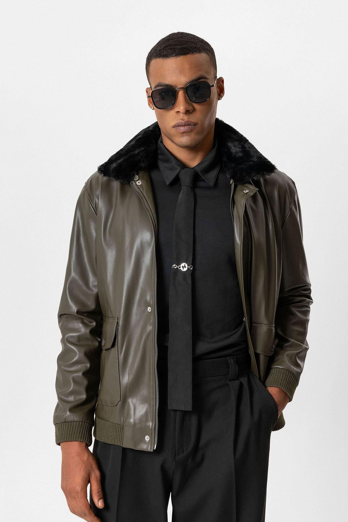 Antioch-Haki Çift Cepli Kürk Yakalı Deri Mont-Mont-1-Milagron.com