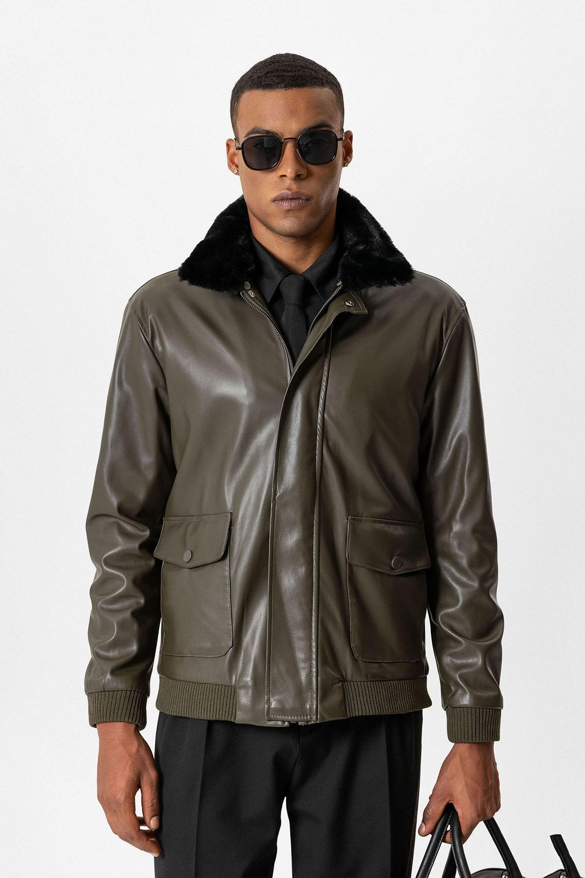 Antioch-Haki Çift Cepli Kürk Yakalı Deri Mont-Mont-2-Milagron.com