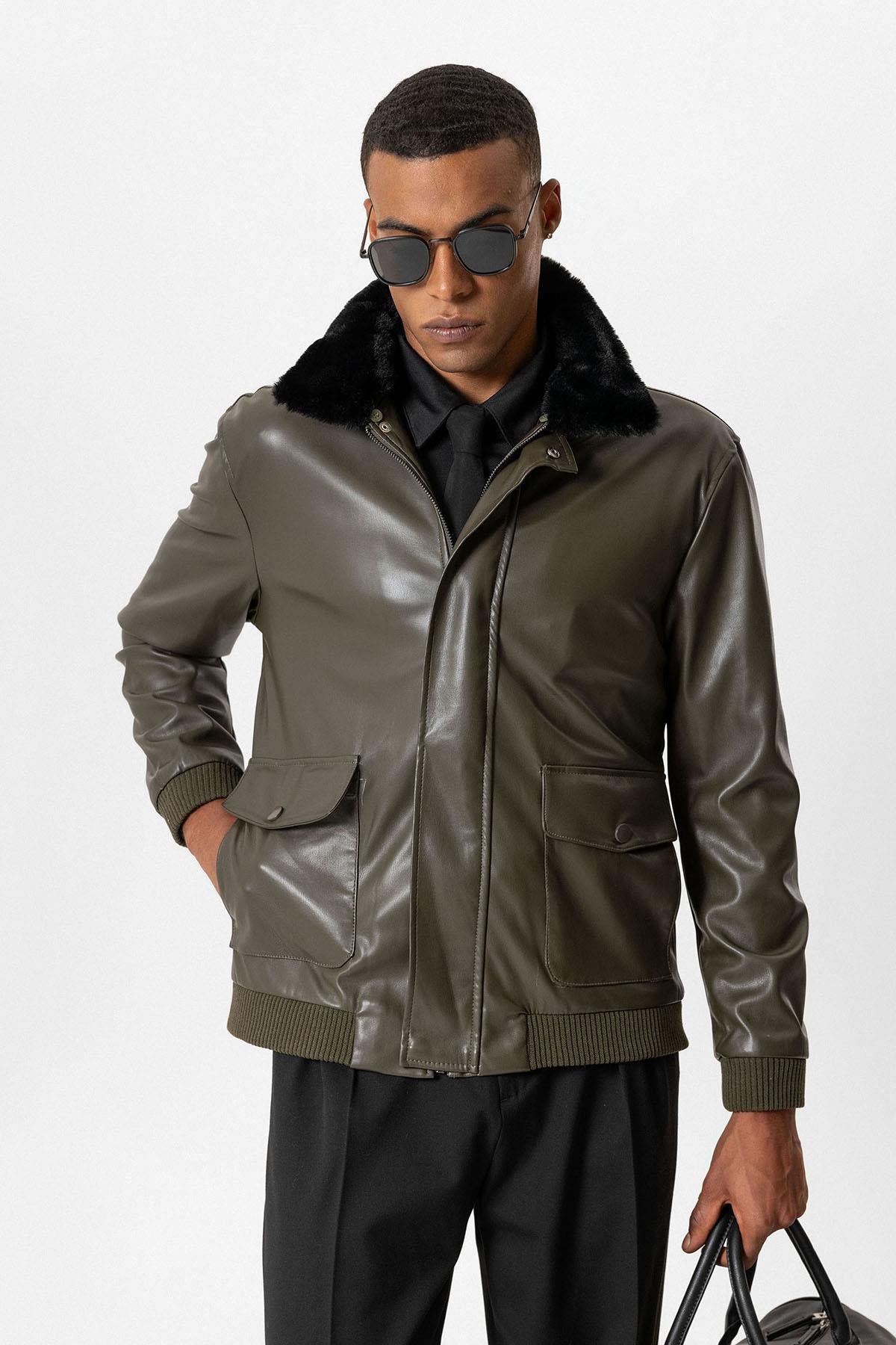 Antioch-Haki Çift Cepli Kürk Yakalı Deri Mont-Mont-3-Milagron.com