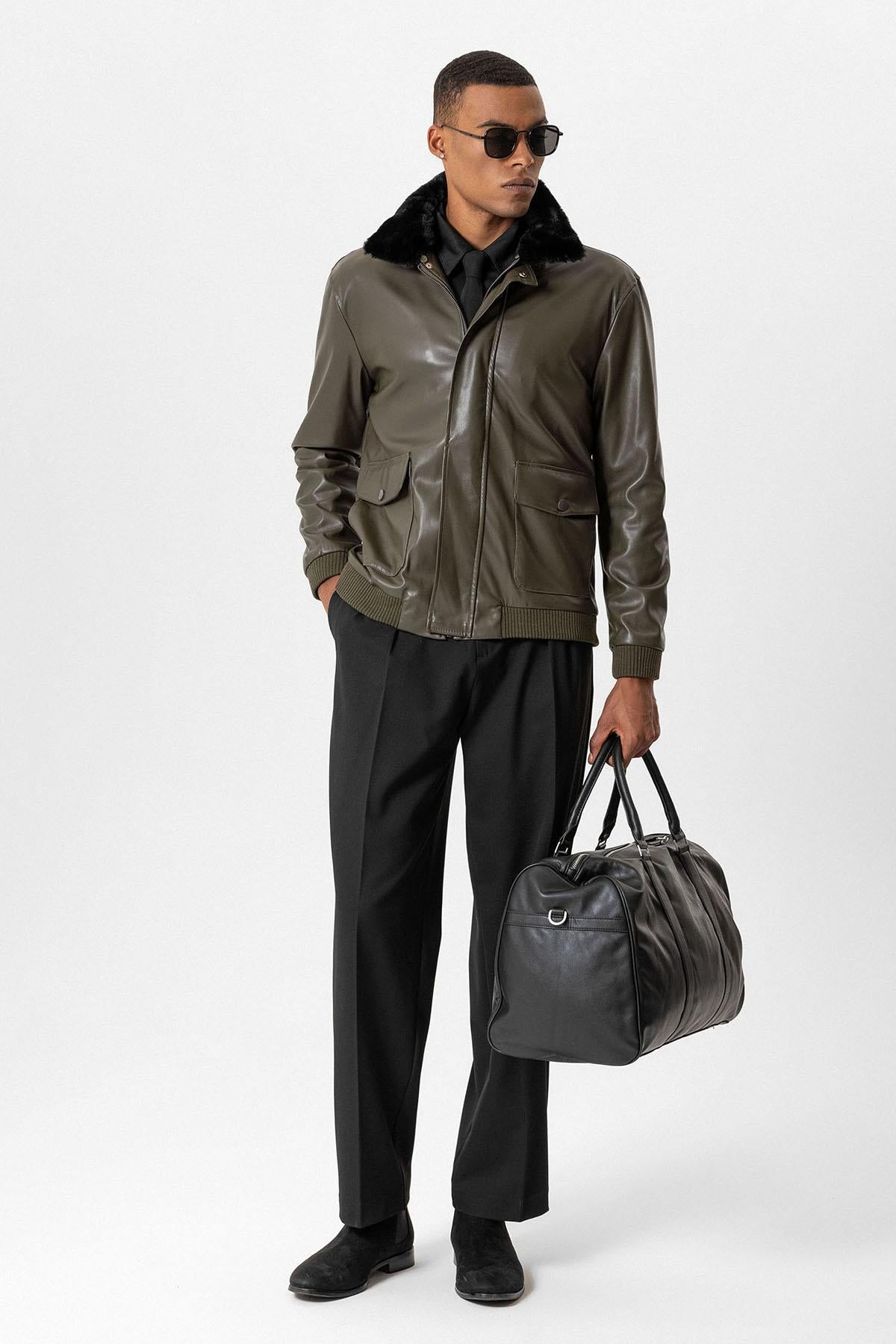 Antioch-Haki Çift Cepli Kürk Yakalı Deri Mont-Mont-4-Milagron.com