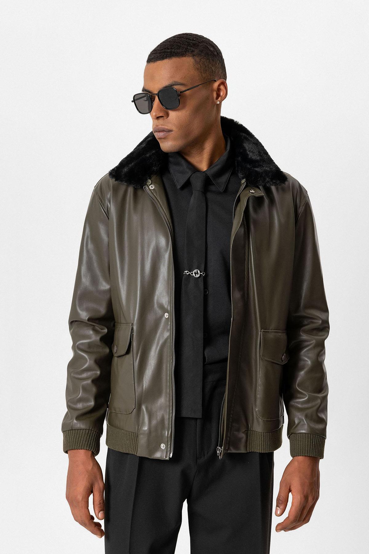 Antioch-Haki Çift Cepli Kürk Yakalı Deri Mont-Mont-5-Milagron.com