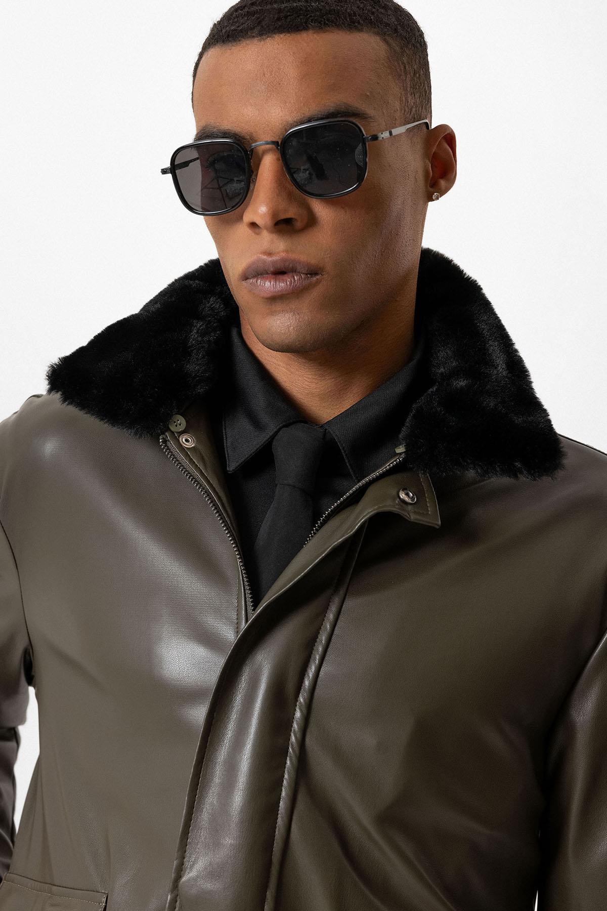 Antioch-Haki Çift Cepli Kürk Yakalı Deri Mont-Mont-6-Milagron.com