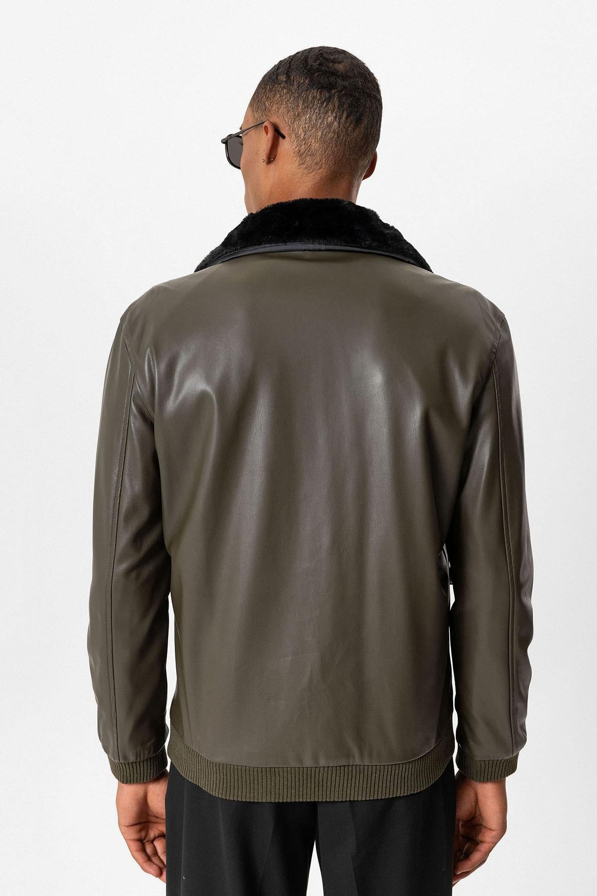 Antioch-Haki Çift Cepli Kürk Yakalı Deri Mont-Mont-7-Milagron.com