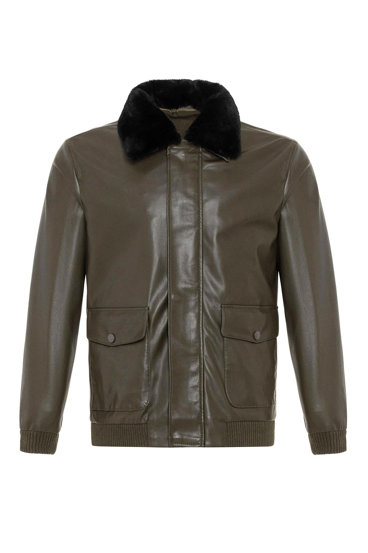 Antioch-Haki Çift Cepli Kürk Yakalı Deri Mont-Mont-8-Milagron.com