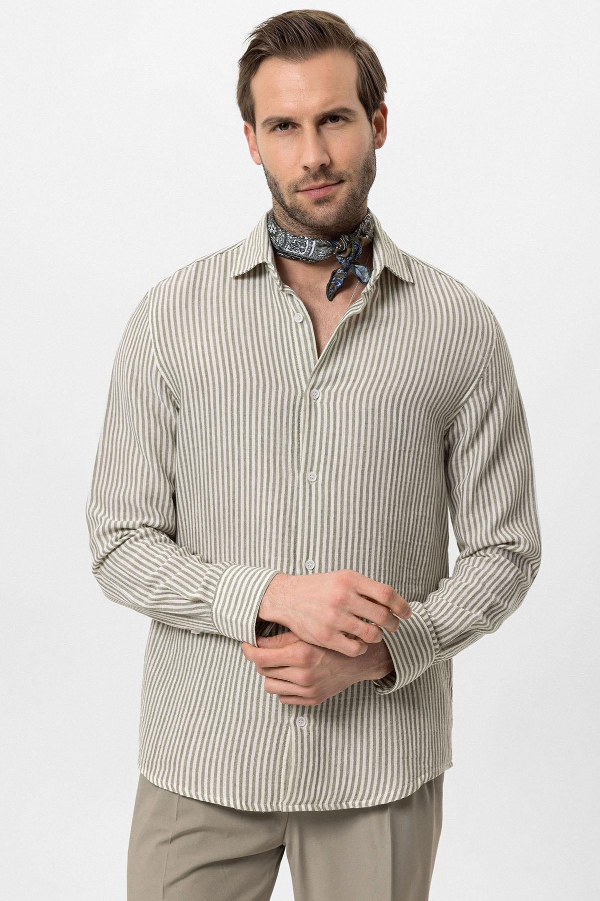Antioch-Haki Çizgili Erkek Gömlek-Gömlek-1-Milagron.com