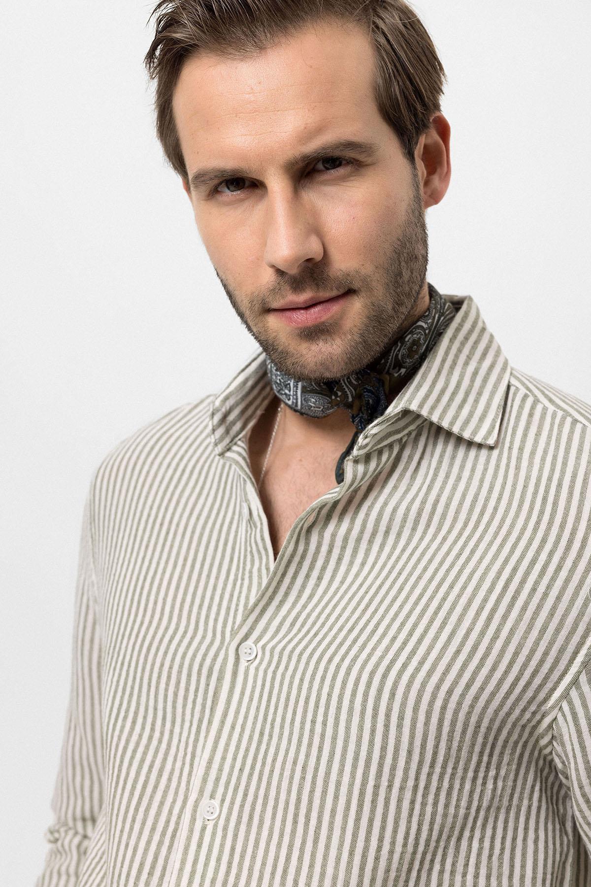 Antioch-Haki Çizgili Erkek Gömlek-Gömlek-5-Milagron.com
