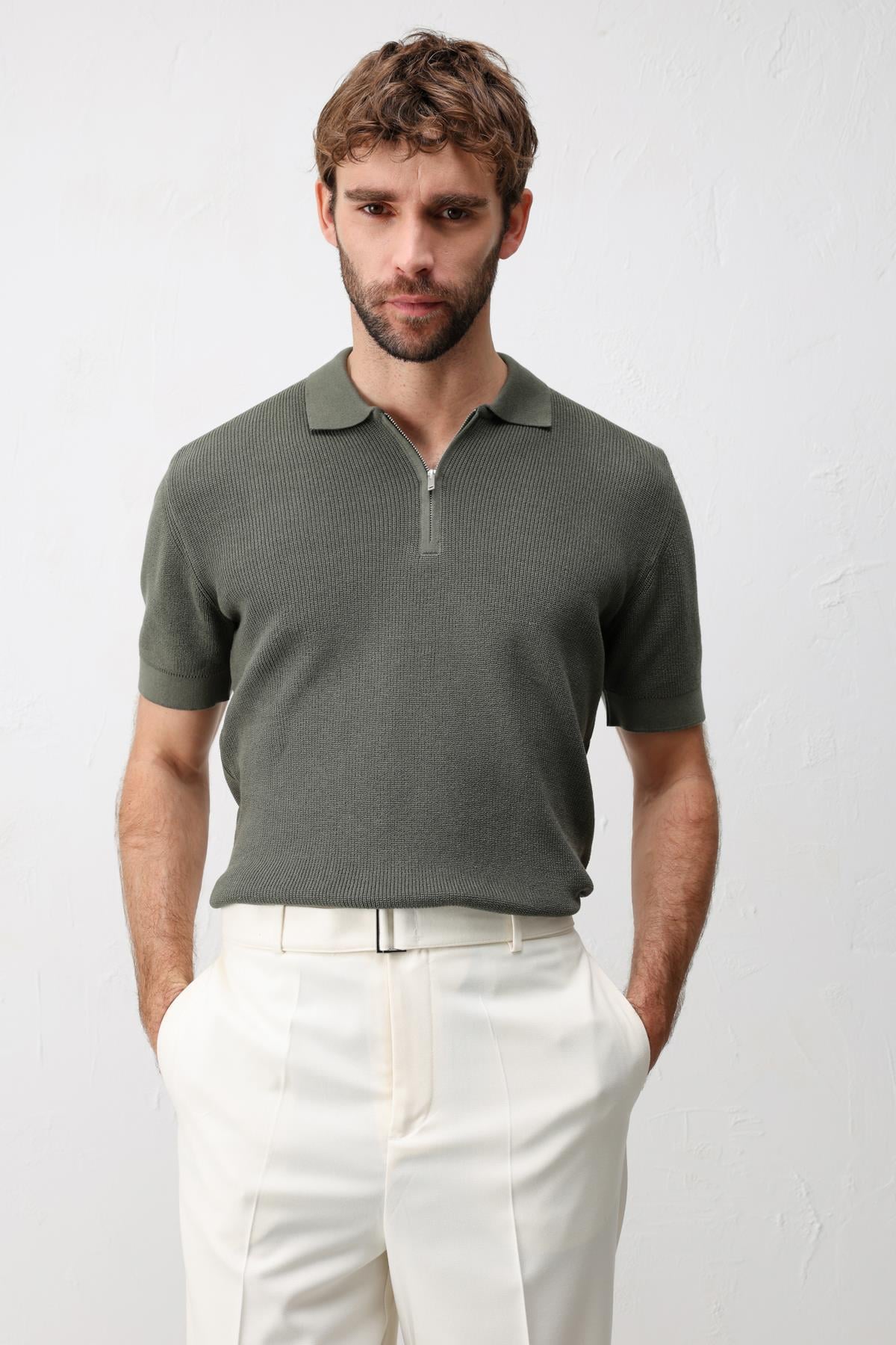 Antioch Haki Comfort Slim Fermuarlı Erkek Triko T-Shirt