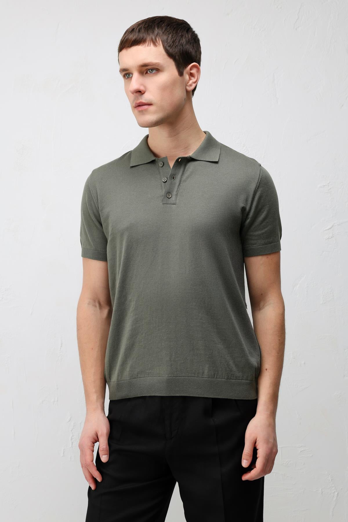 Antioch Haki Comfort Slim Polo Yaka Erkek Triko T-Shirt