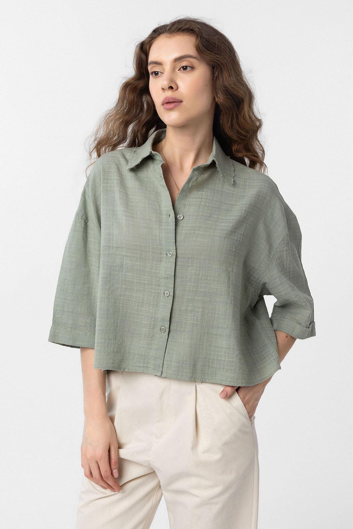 Antioch-Haki Crop Dokulu Kadın Gömlek-Gömlek-1-Milagron.com