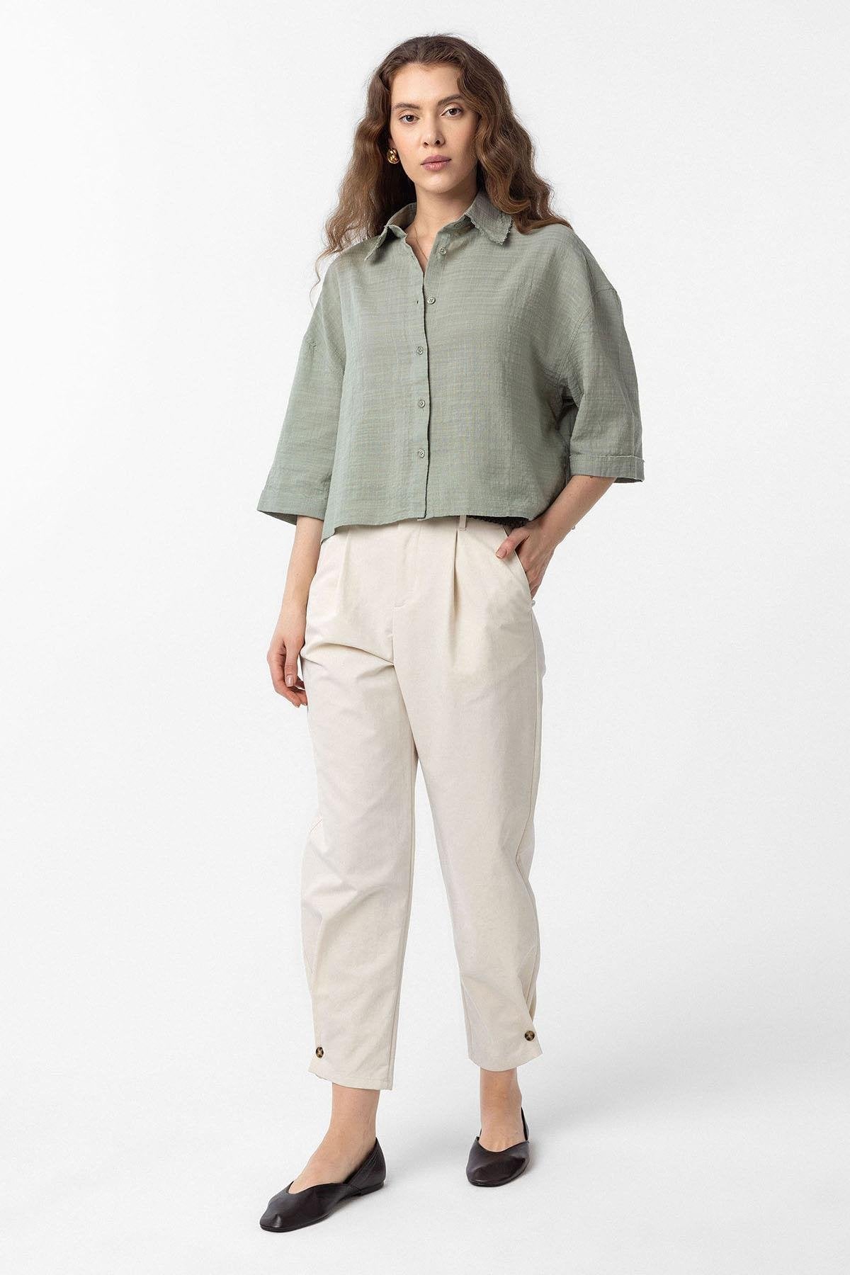Antioch-Haki Crop Dokulu Kadın Gömlek-Gömlek-2-Milagron.com