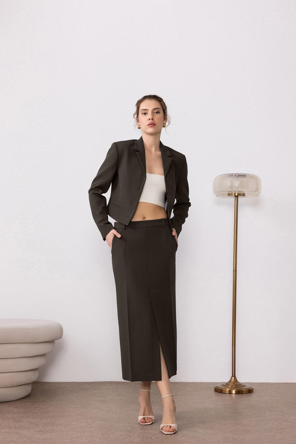Antioch-Haki Crop Kadın Blazer Ceket-Blazer Ceket-1-Milagron.com