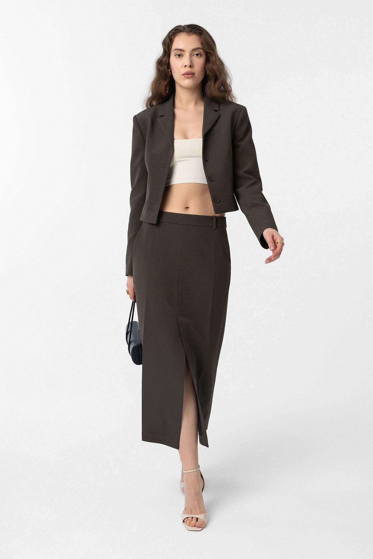 Antioch-Haki Crop Kadın Blazer Ceket-Blazer Ceket-2-Milagron.com