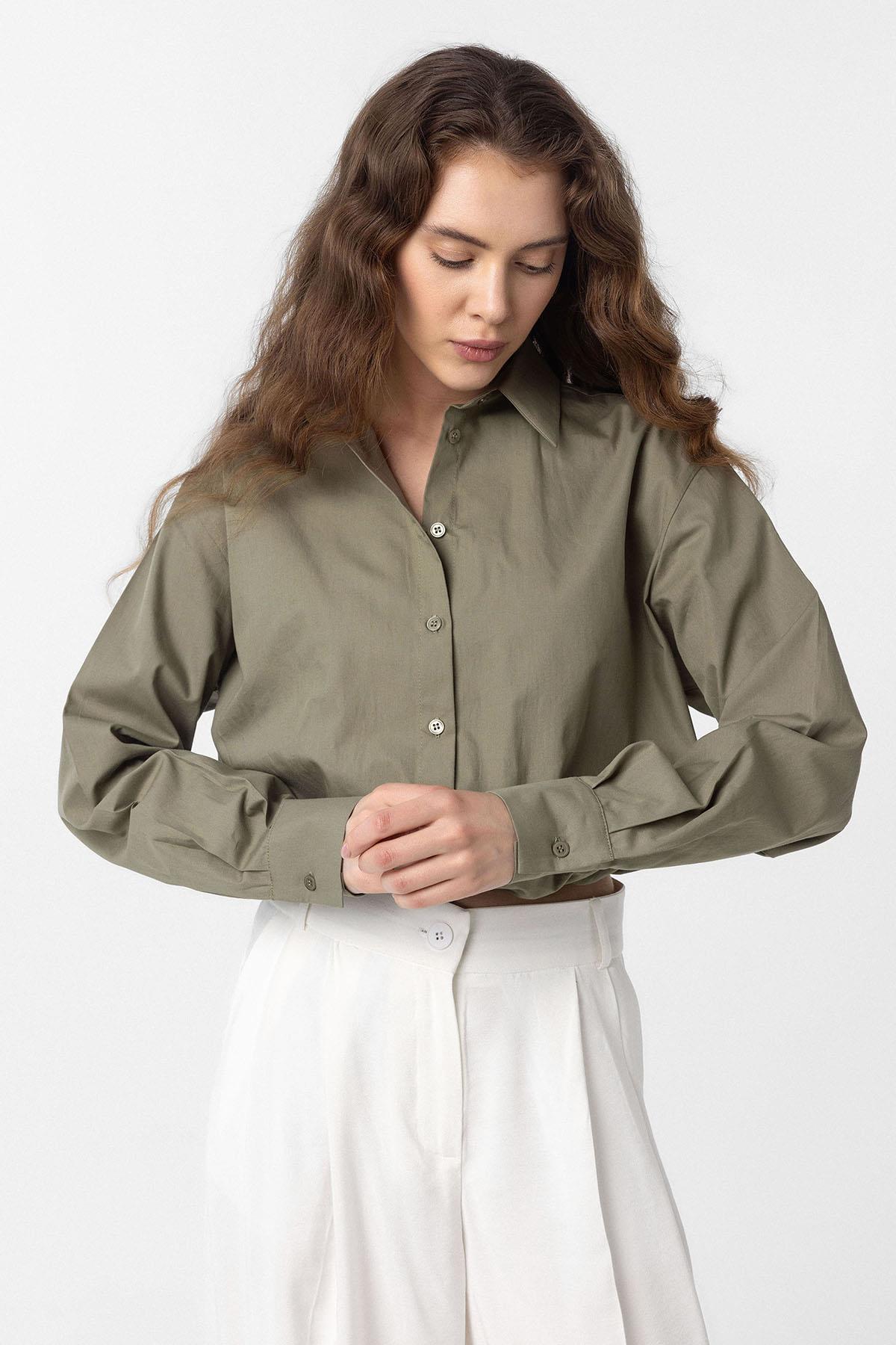 Antioch-Haki Crop Poplin Kadın Gömlek-Gömlek-1-Milagron.com