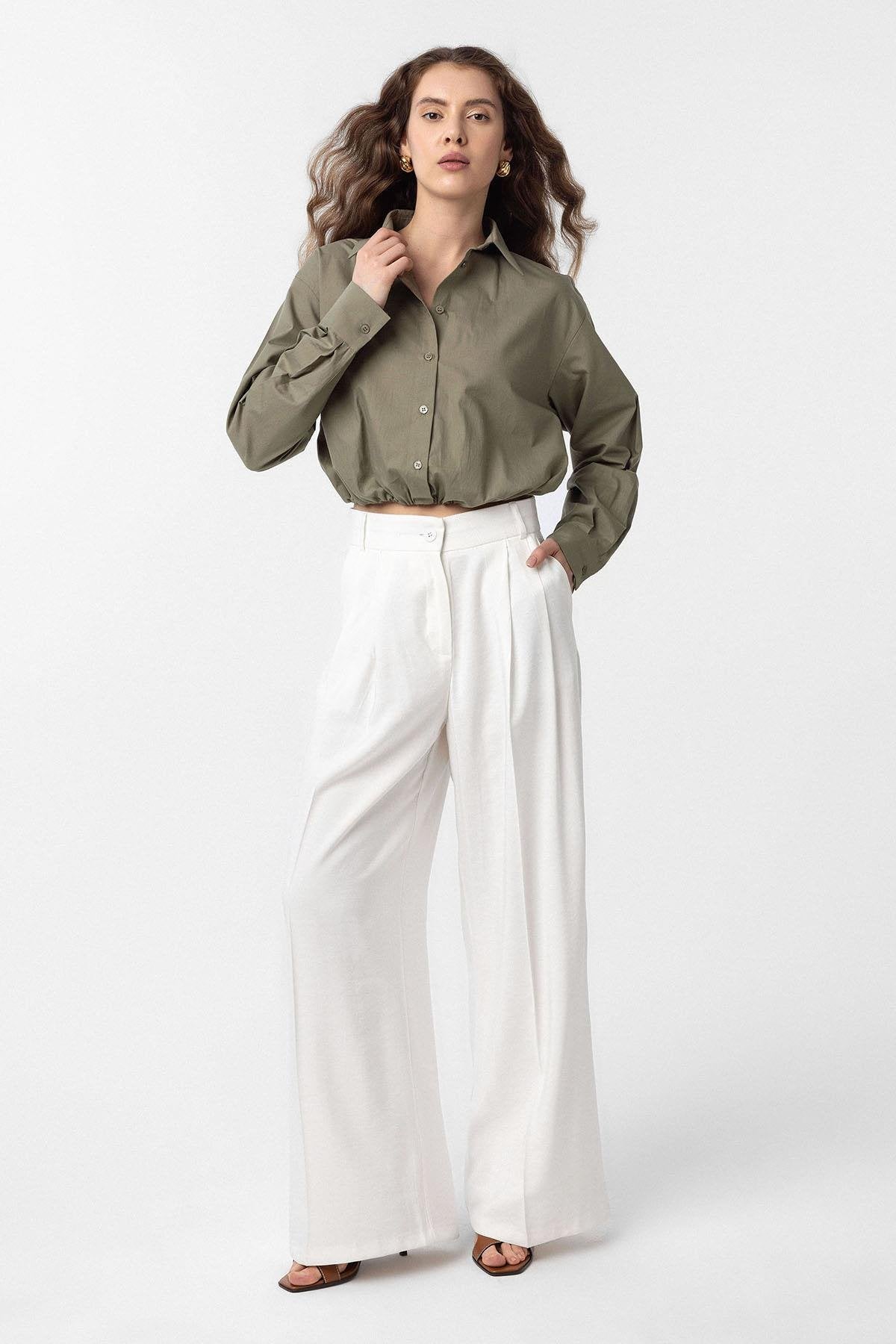 Antioch-Haki Crop Poplin Kadın Gömlek-Gömlek-2-Milagron.com