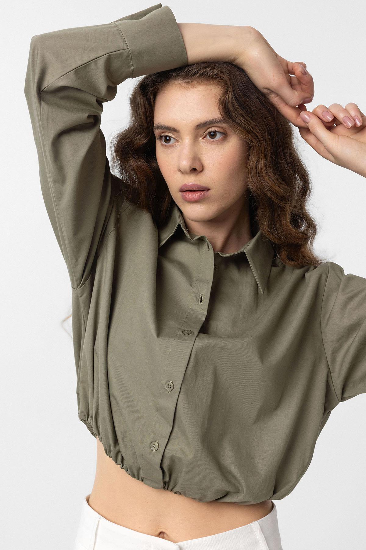 Antioch-Haki Crop Poplin Kadın Gömlek-Gömlek-3-Milagron.com