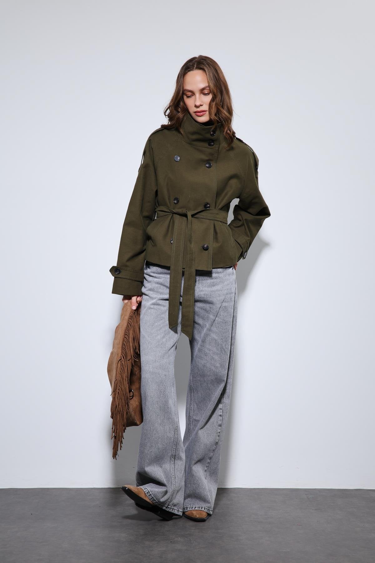 Antioch-Haki Dik Yaka Kruvaze Trençkot-Trençkot-4-Milagron.com