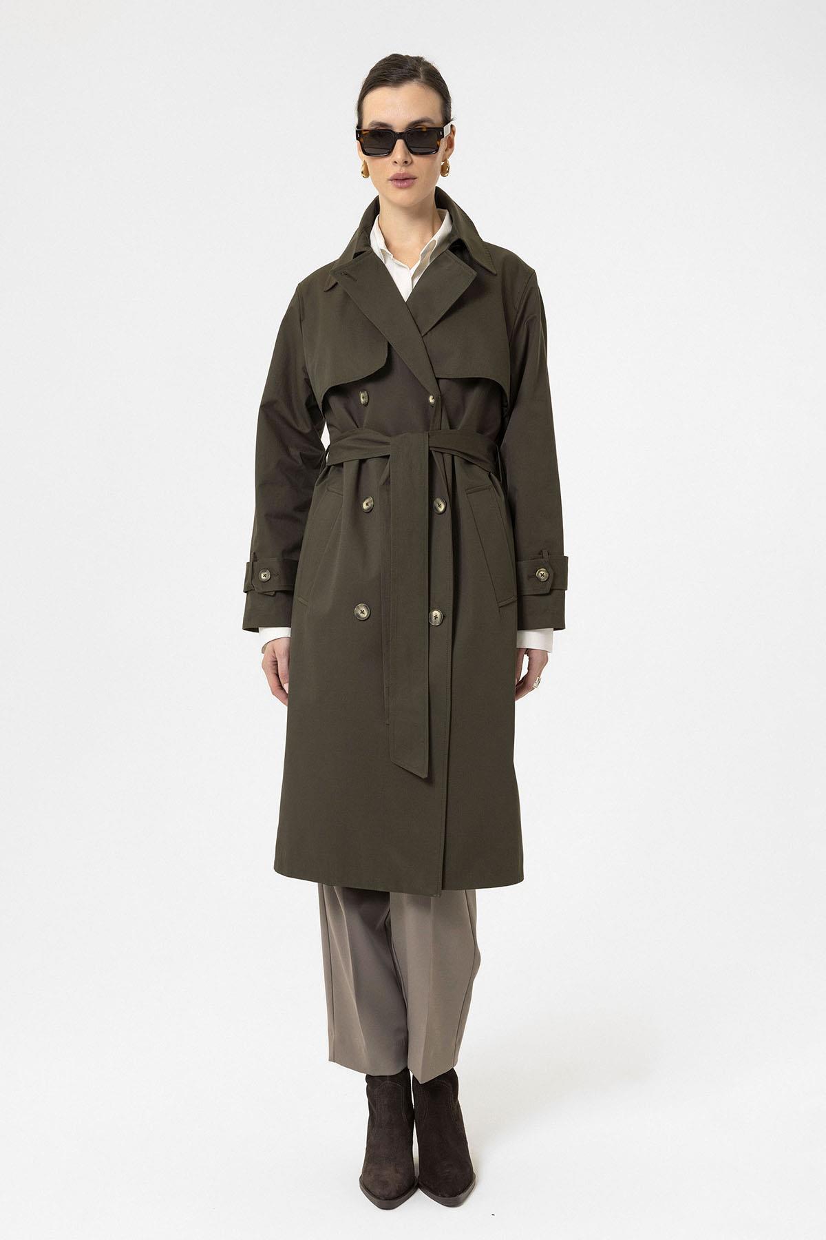 Antioch-Haki Kadın Kruvaze Kapama Kemerli Trençkot-Trençkot-2-Milagron.com