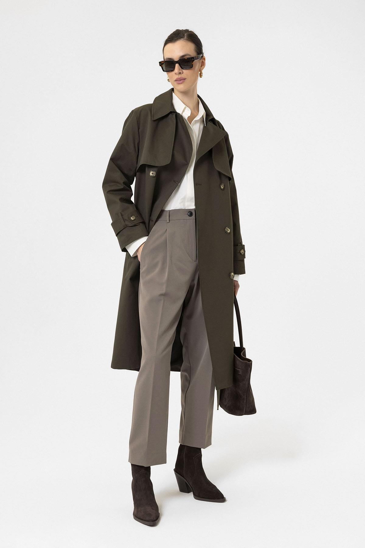 Antioch-Haki Kadın Kruvaze Kapama Kemerli Trençkot-Trençkot-3-Milagron.com