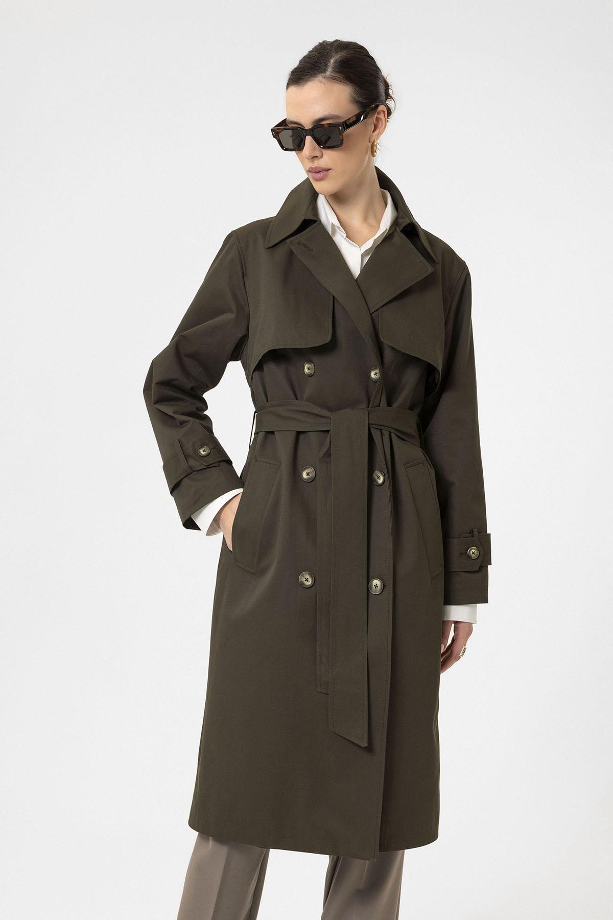 Antioch-Haki Kadın Kruvaze Kapama Kemerli Trençkot-Trençkot-4-Milagron.com