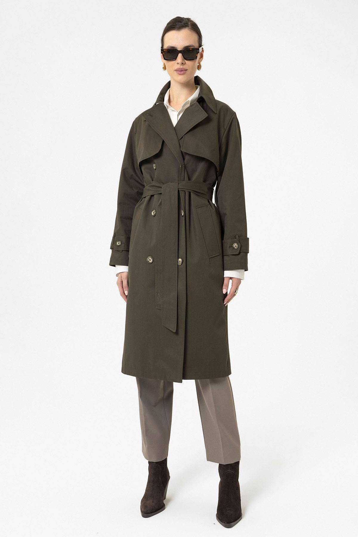 Antioch-Haki Kadın Kruvaze Kapama Kemerli Trençkot-Trençkot-5-Milagron.com