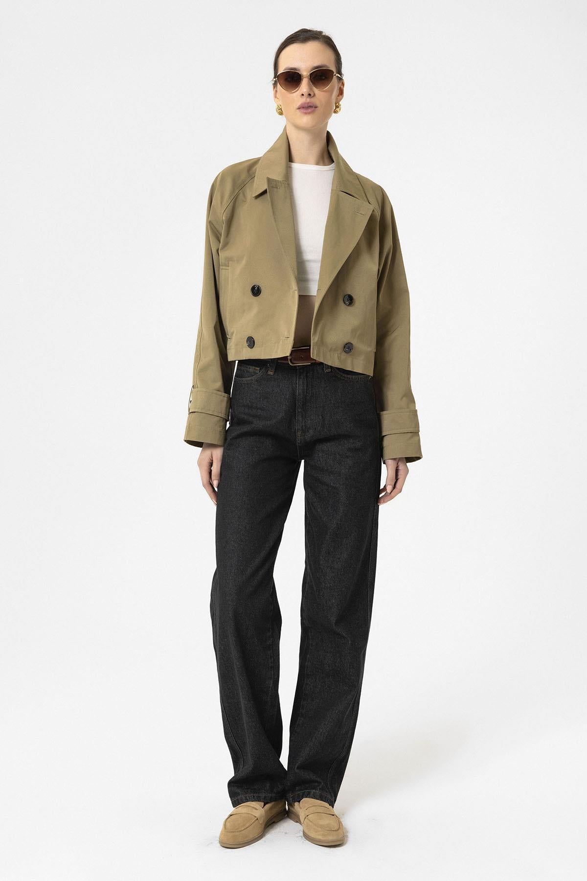 Antioch-Haki Kadın Kruvaze Kısa Trençkot-Trençkot-2-Milagron.com