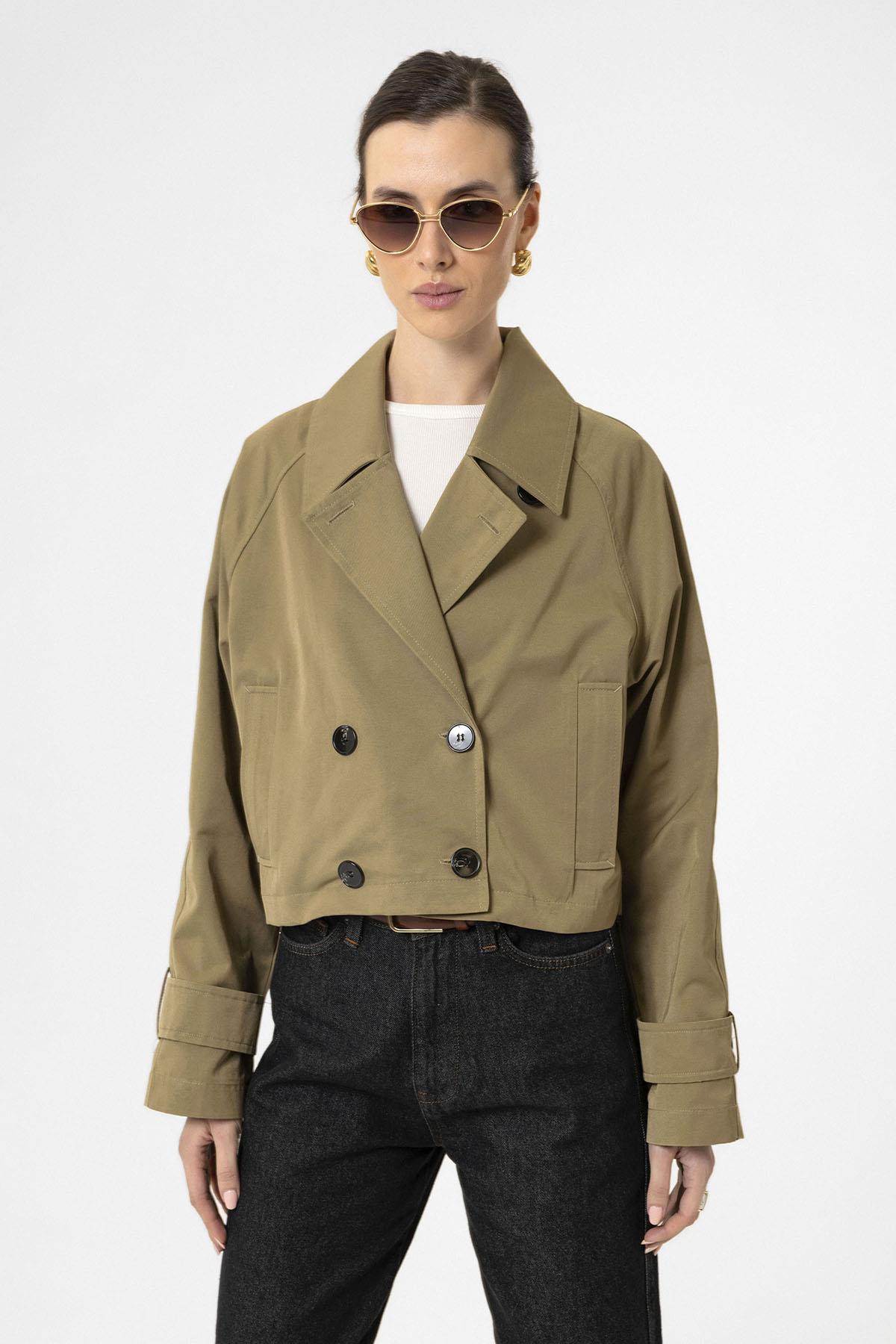 Antioch-Haki Kadın Kruvaze Kısa Trençkot-Trençkot-4-Milagron.com